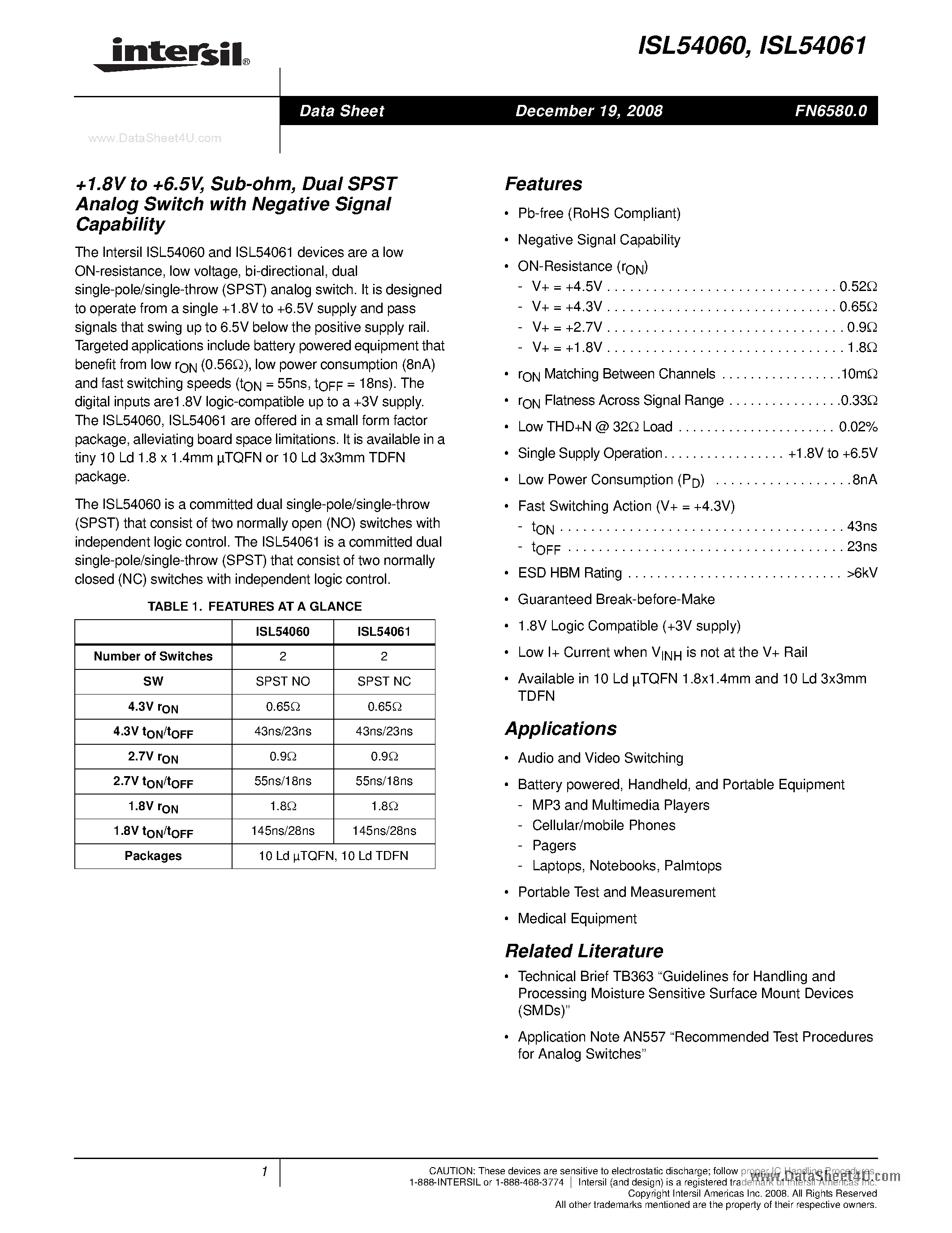 Даташит ISL54060 - (ISL54060 / ISL54061) Dual SPST Analog Switch страница 1