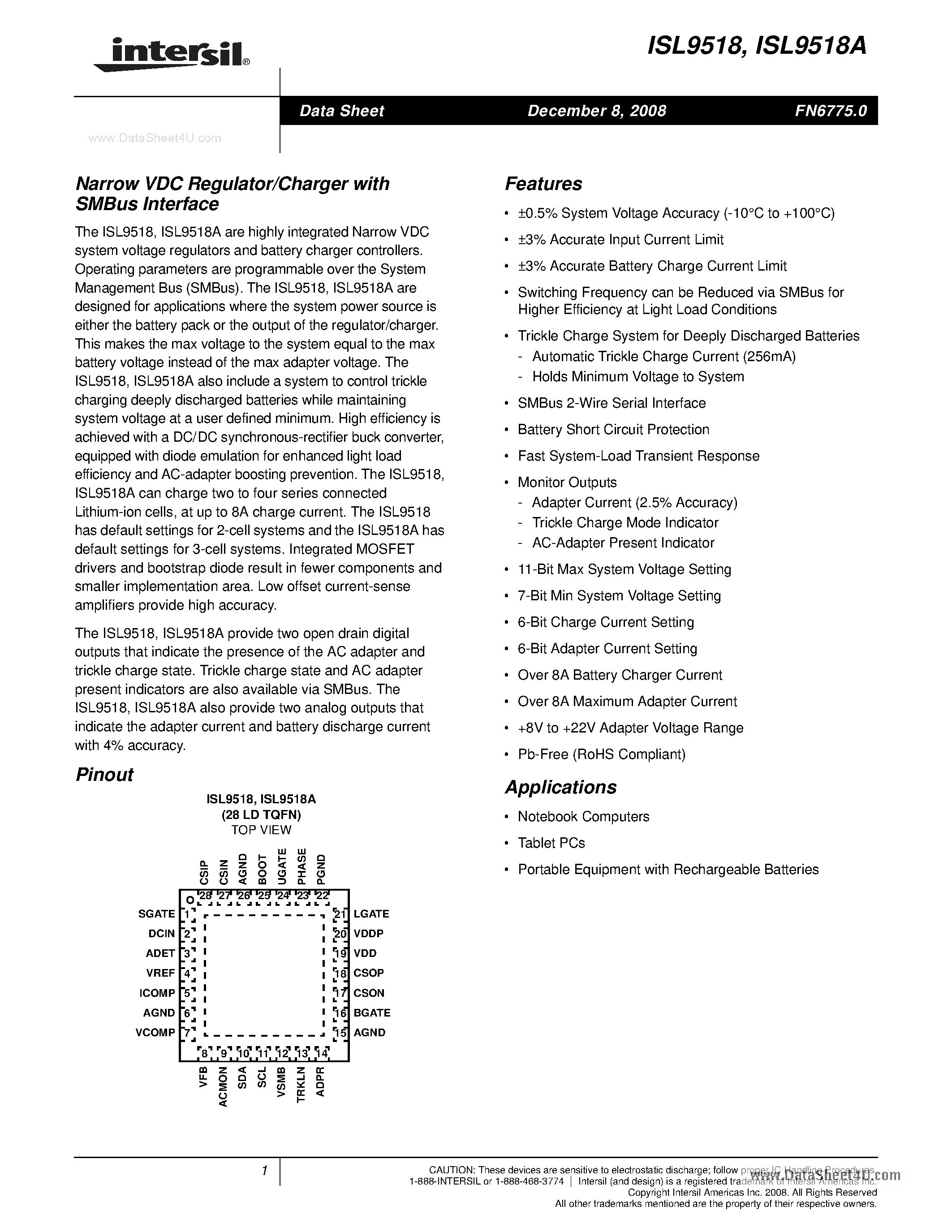 Datasheet ISL9518 - Narrow VDC Regulator/Charger page 1