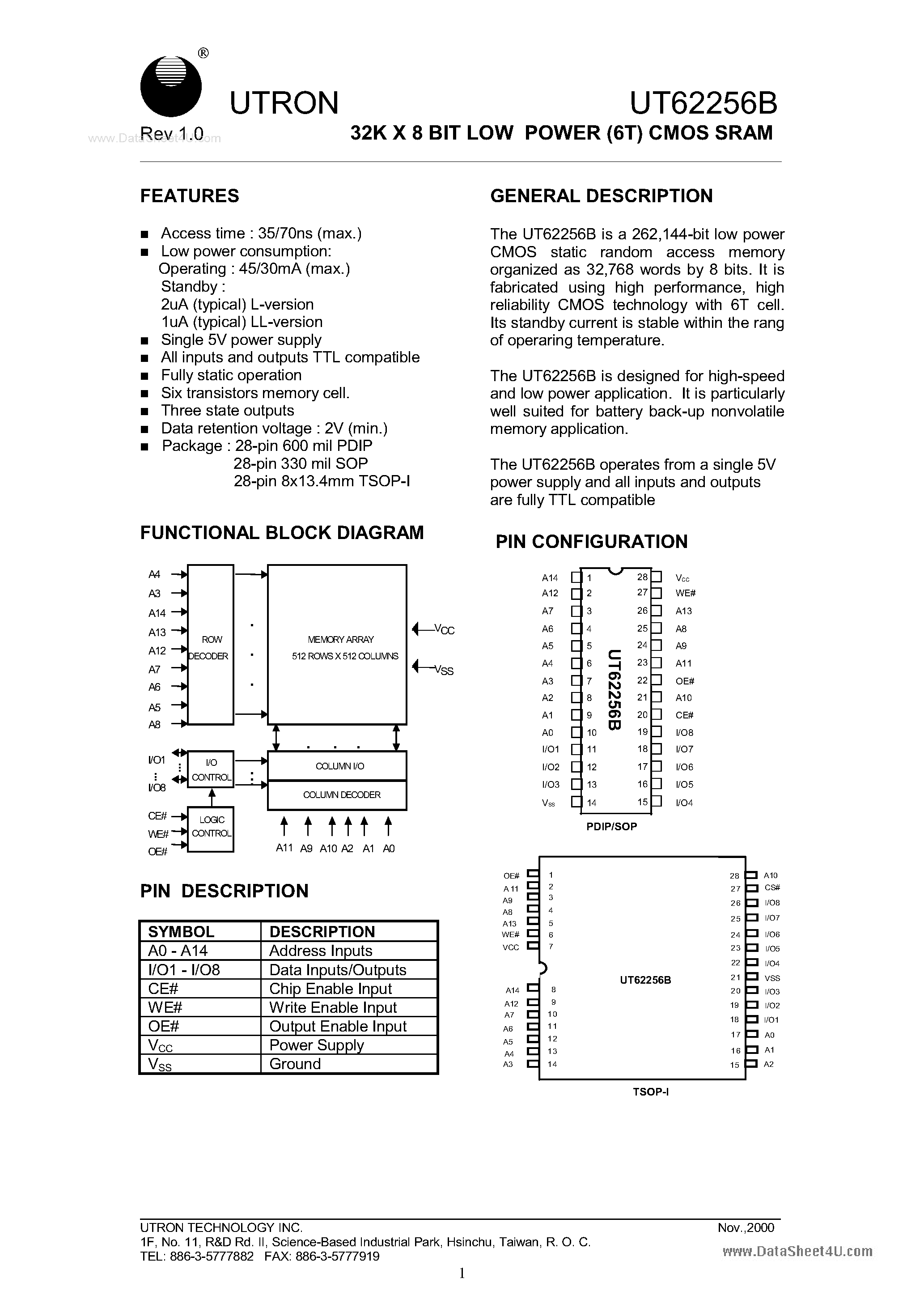 Даташит UT62256B - 32K X 8 BIT LOW POWER (6T) CMOS SRAM страница 1