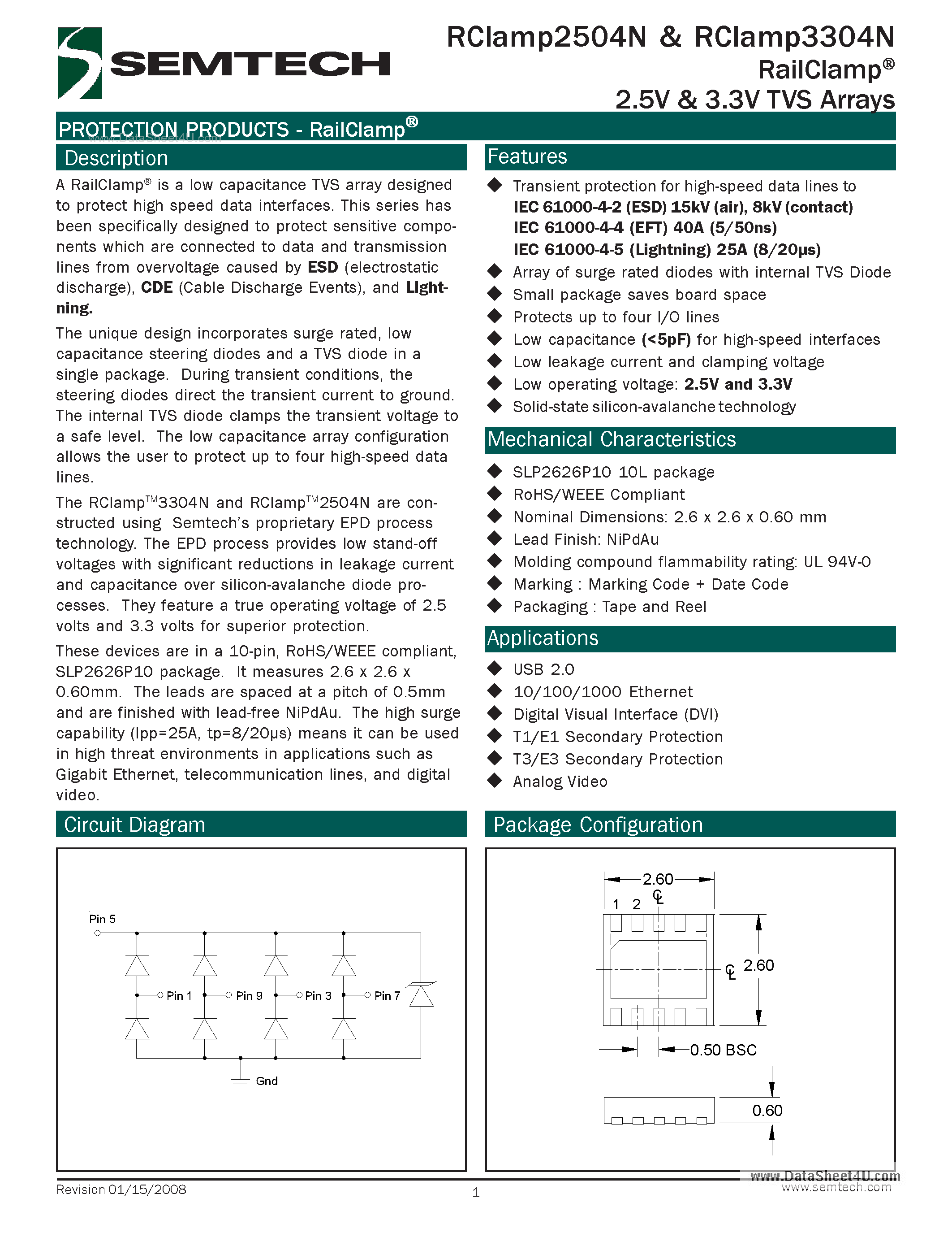 Даташит RCLAMP2504N - 2.5V & 3.3V TVS Arrays страница 1