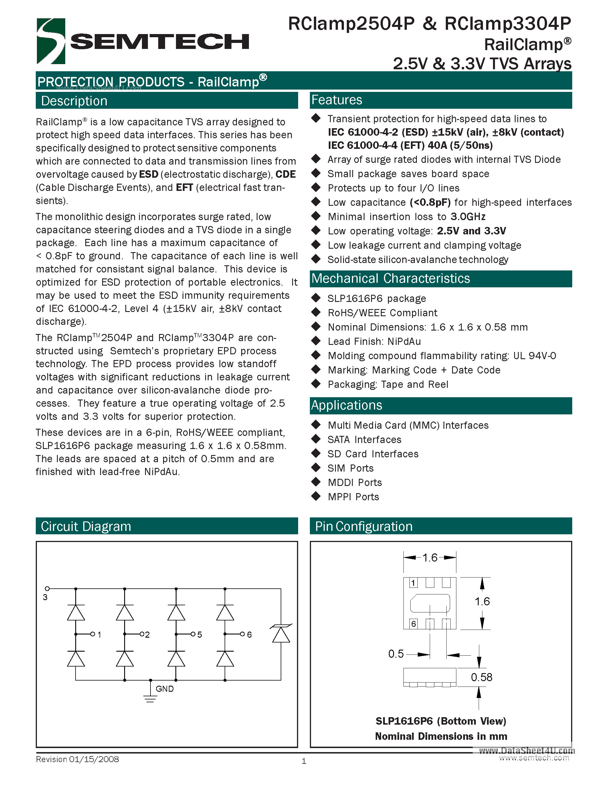 Даташит RCLAMP2504P - (RCLAMP2504P / RCLAMP3304P) 2.5V & 3.3V TVS Arrays страница 1