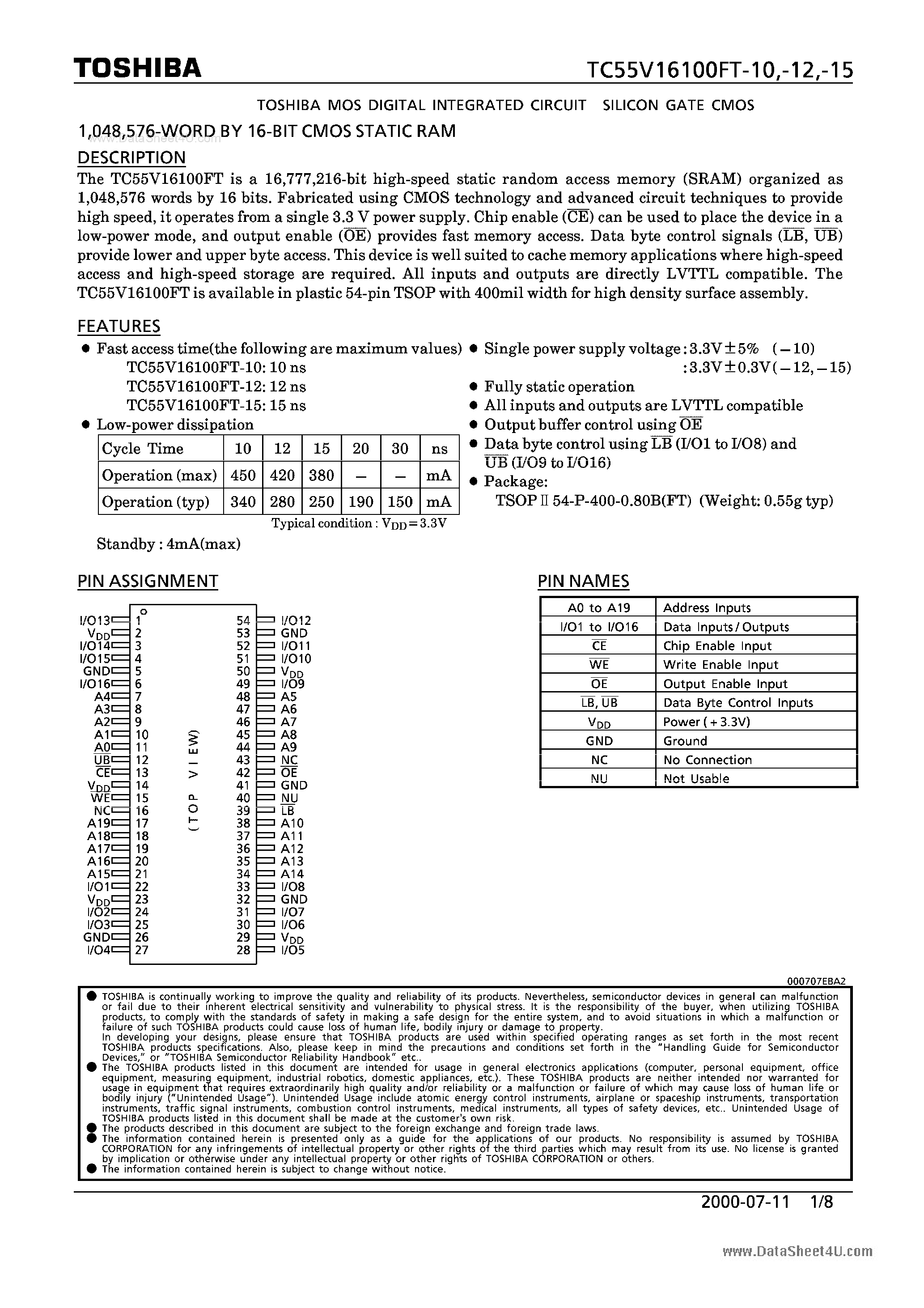 Datasheet TC55V16100FT-10 - MOS DIGITAL INTEGRATED CIRCUIT SILICON CMOS page 1