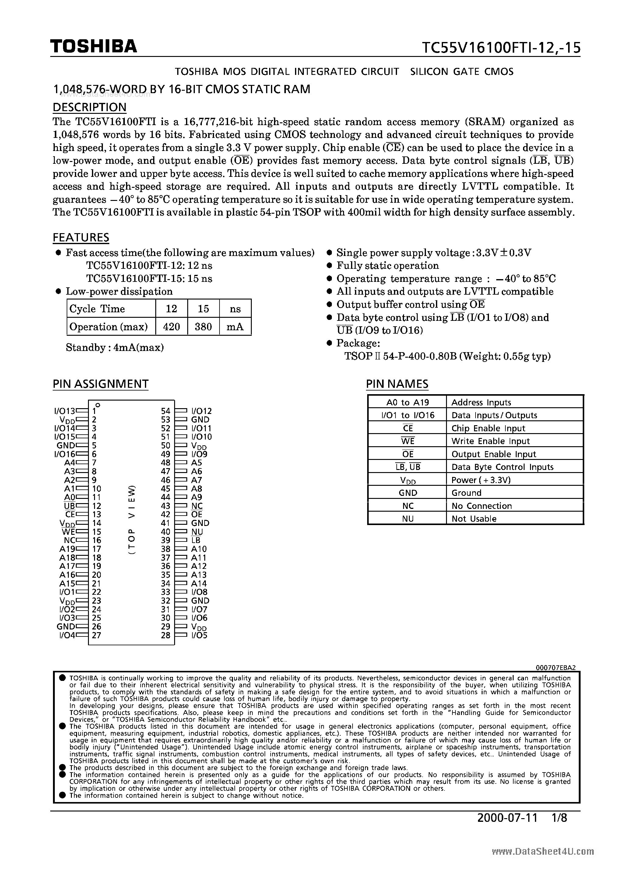 Datasheet TC55V16100FTI-12 - MOS DIGITAL INTERGRATED CIRCUIT SILICON GATE CMOS page 1