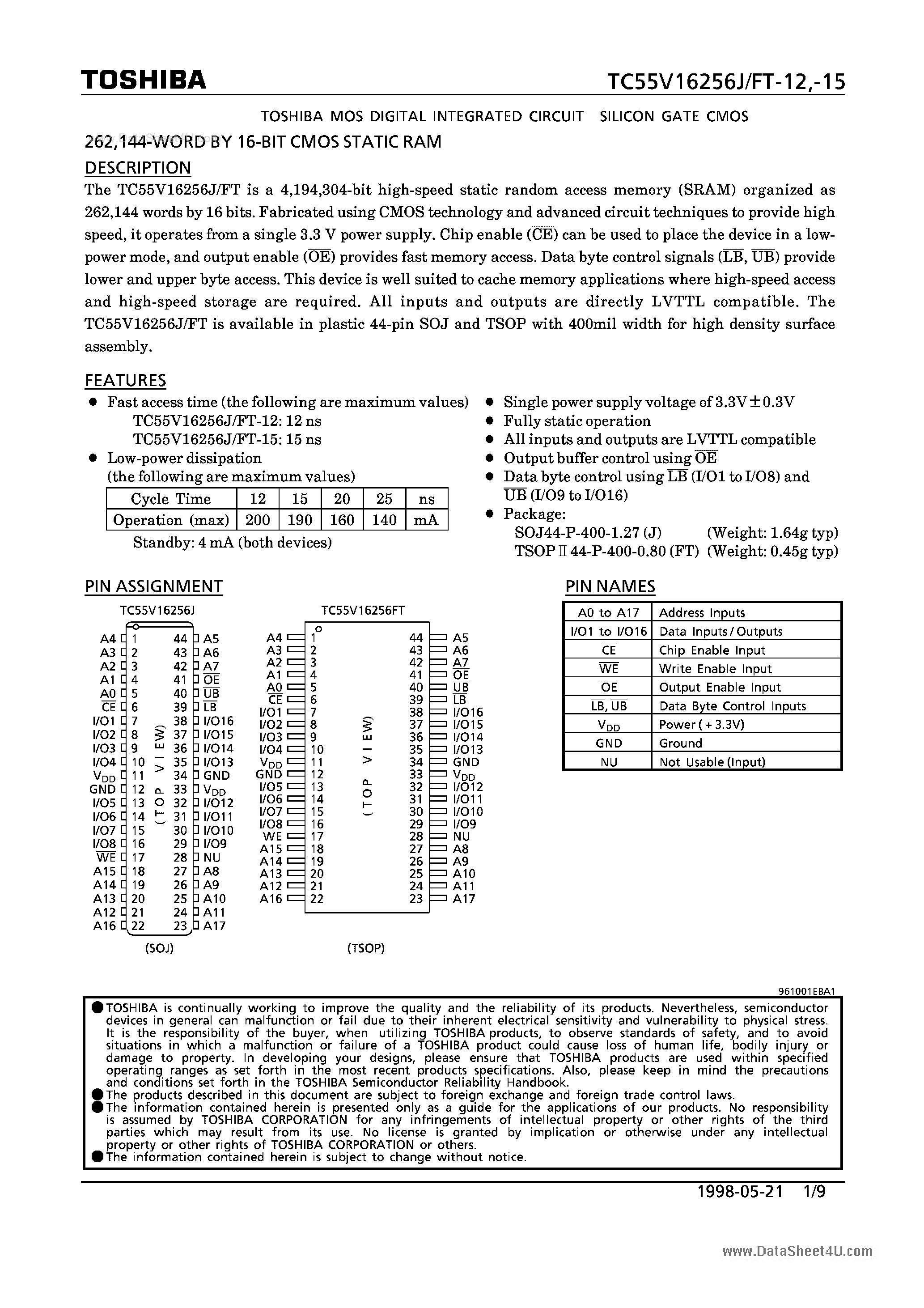 Datasheet TC55V16256FT-12 - 16-BIT CMOS STATIC RAM page 1