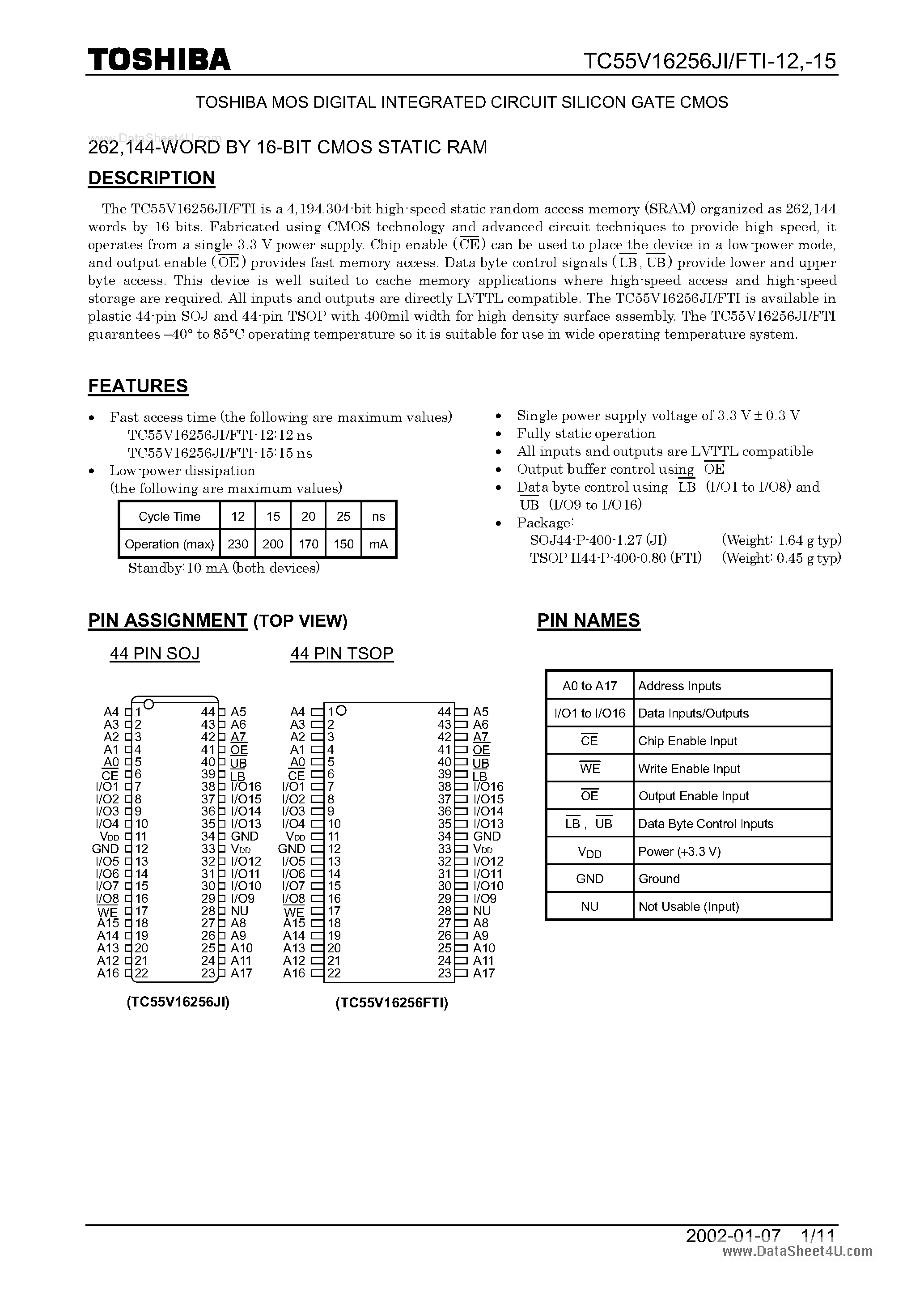 Datasheet TC55V16256FTI-12 - MOS DIGITAL INTEGRATED CIRCUIT SILICON GATE CMOS page 1