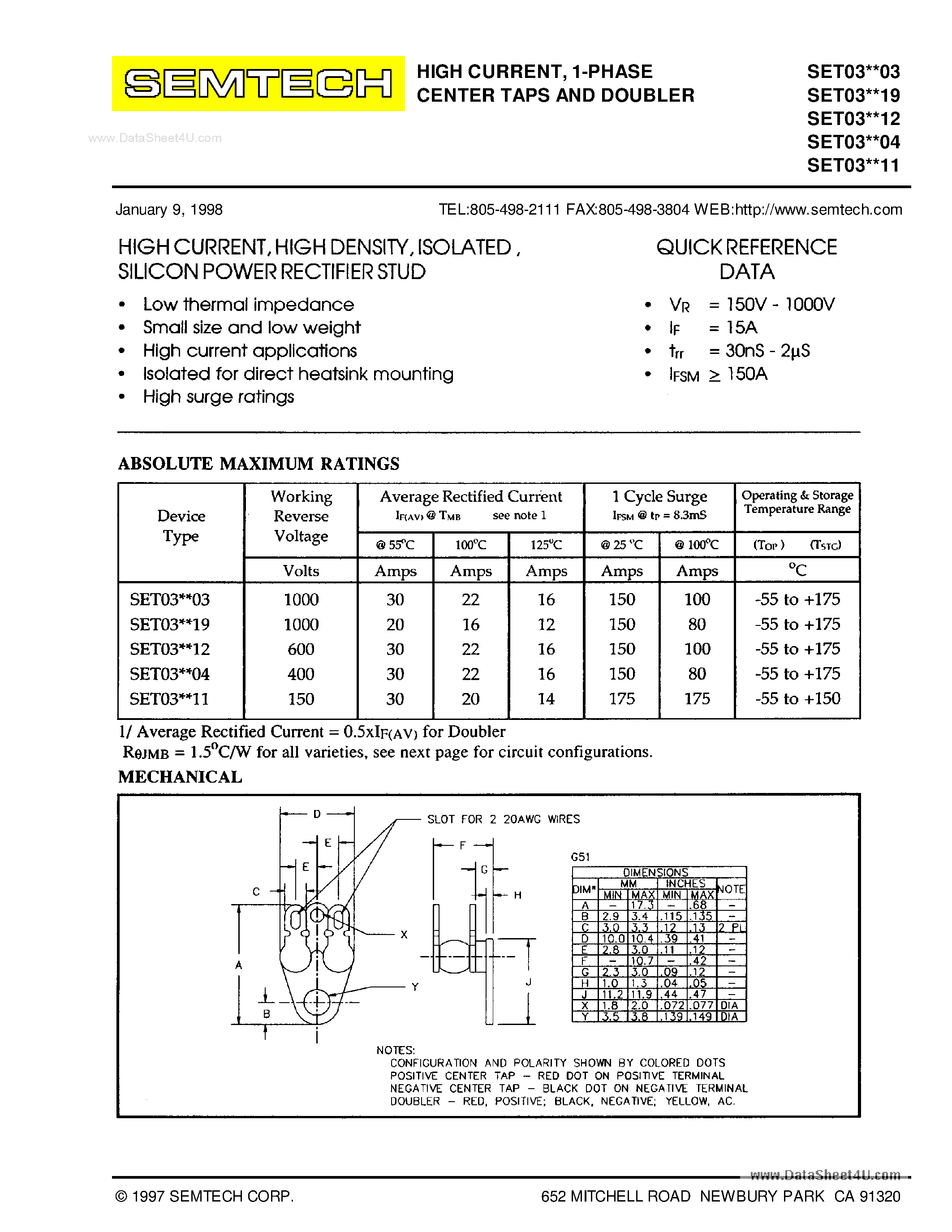 Даташит SET030603 - (SET03xxxx) DO4 STUD HIGH CURRENT ISOLATED RECTIFIER ASSEMBLY страница 1