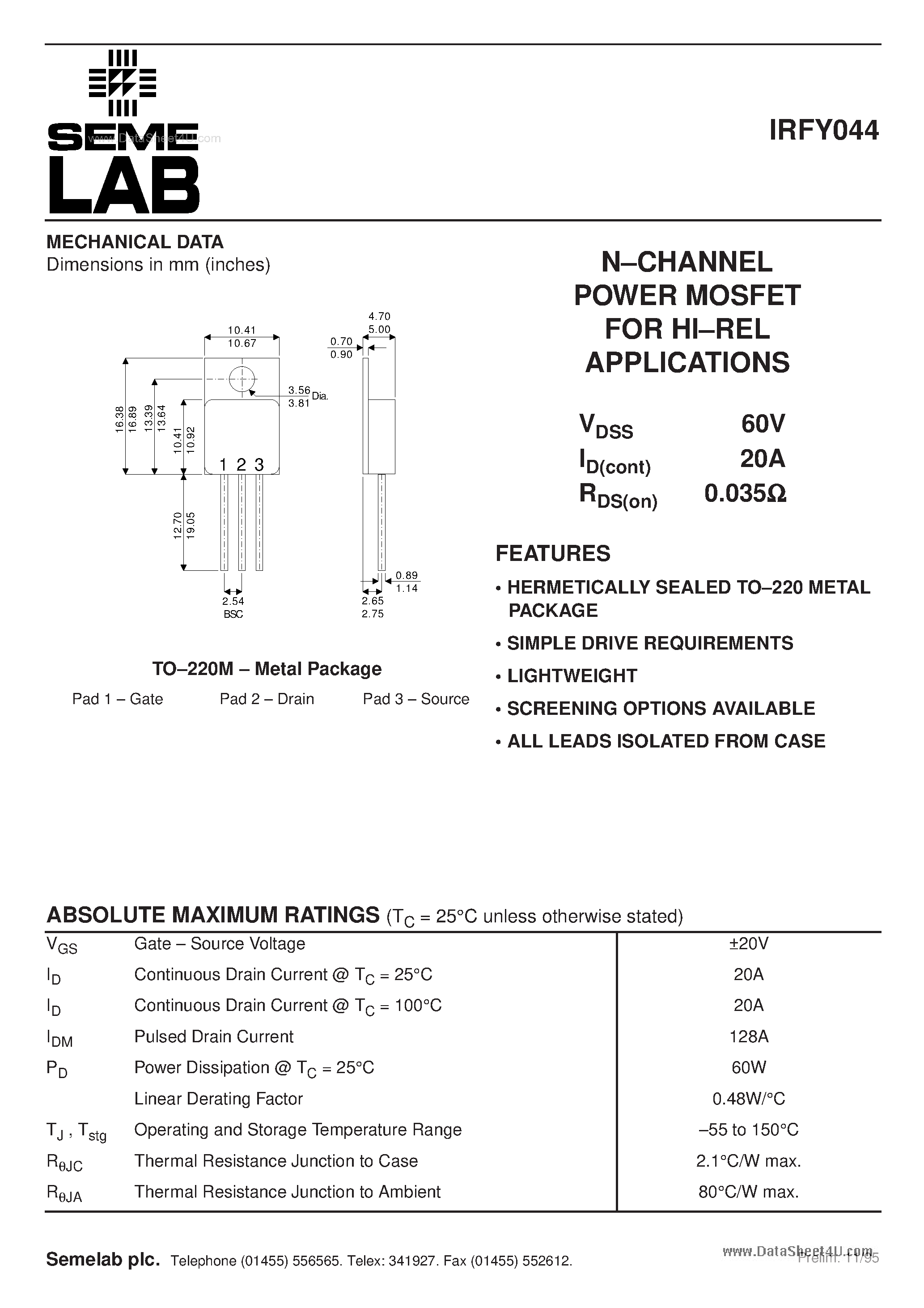 Даташит IRFY044 - N-CHANNEL POWER MOSFET страница 1