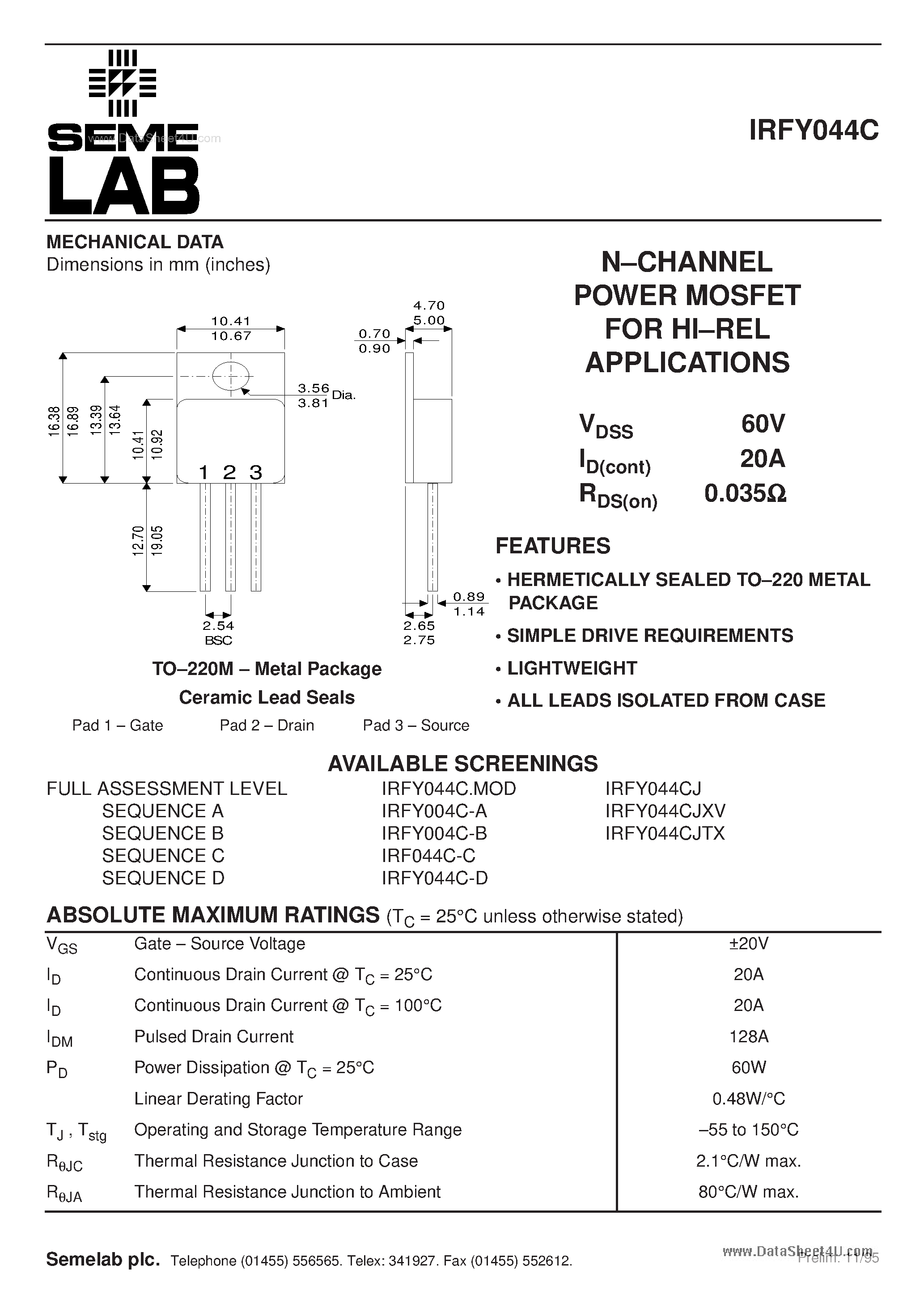 Даташит IRFY044C - N-CHANNEL POWER MOSFET страница 1