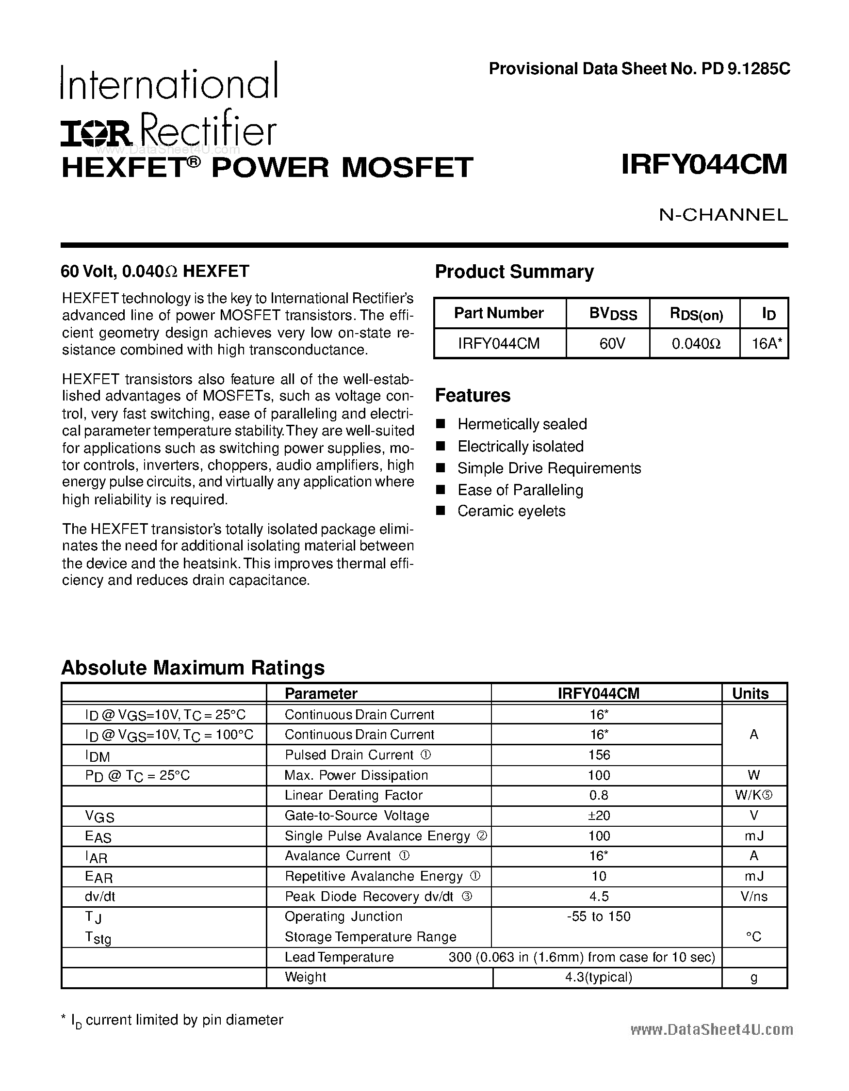 Даташит IRFY044CM - POWER MOSFET N-CHANNE страница 1