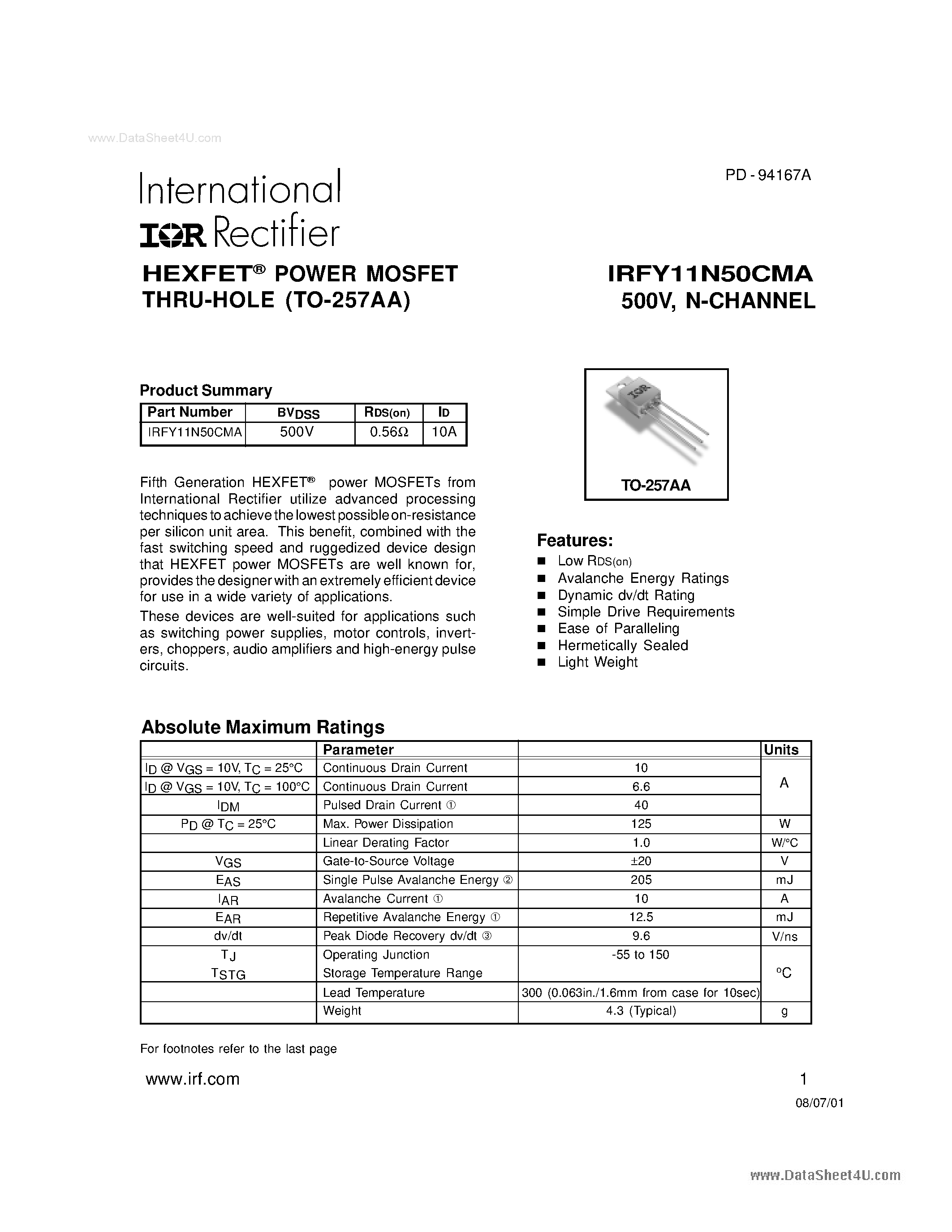 Даташит IRFY11N50CMA - HEXFET POWER MOSFET THRU-HOLE страница 1