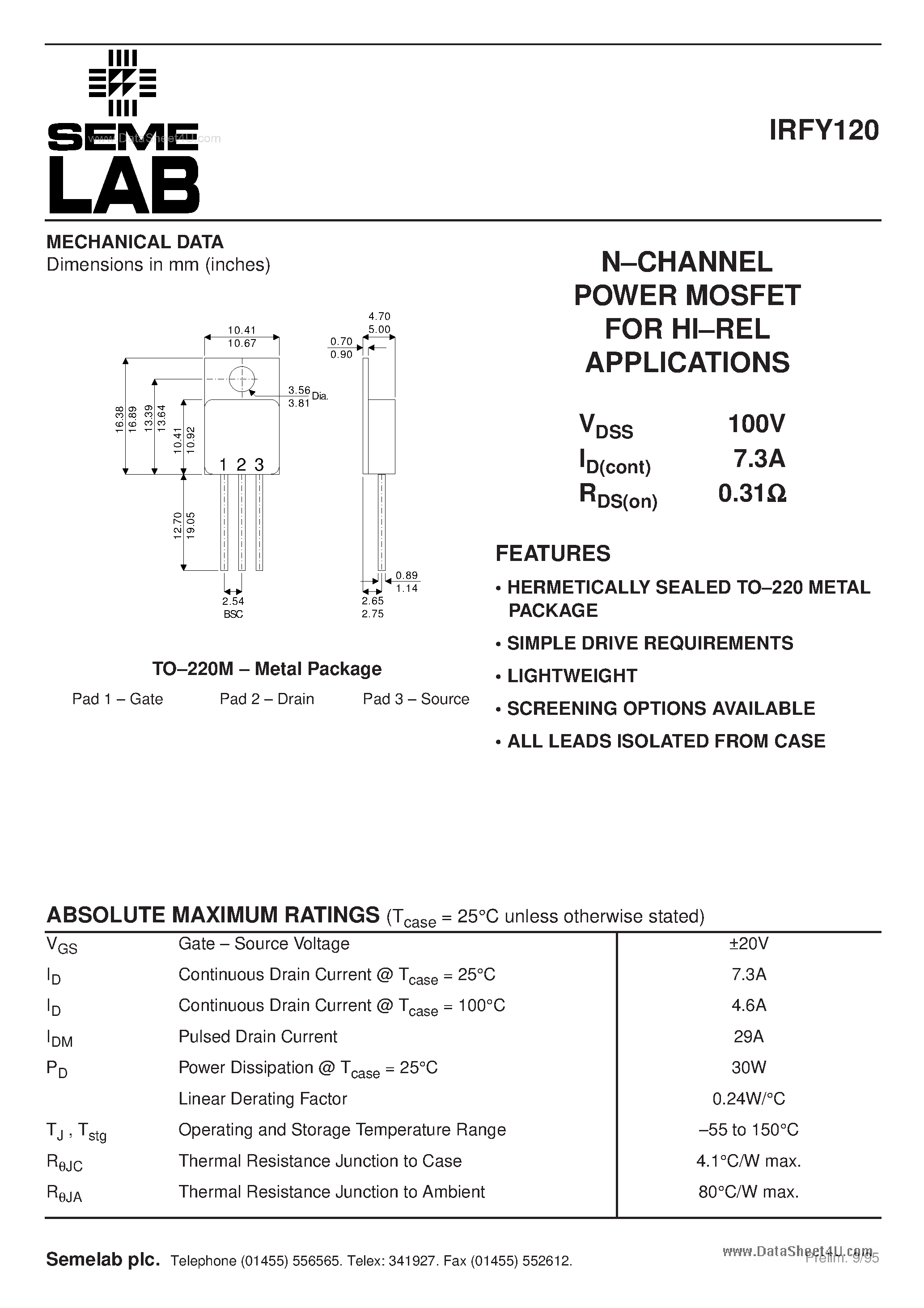 Даташит IRFY120 - N-CHANNEL POWER MOSFET страница 1