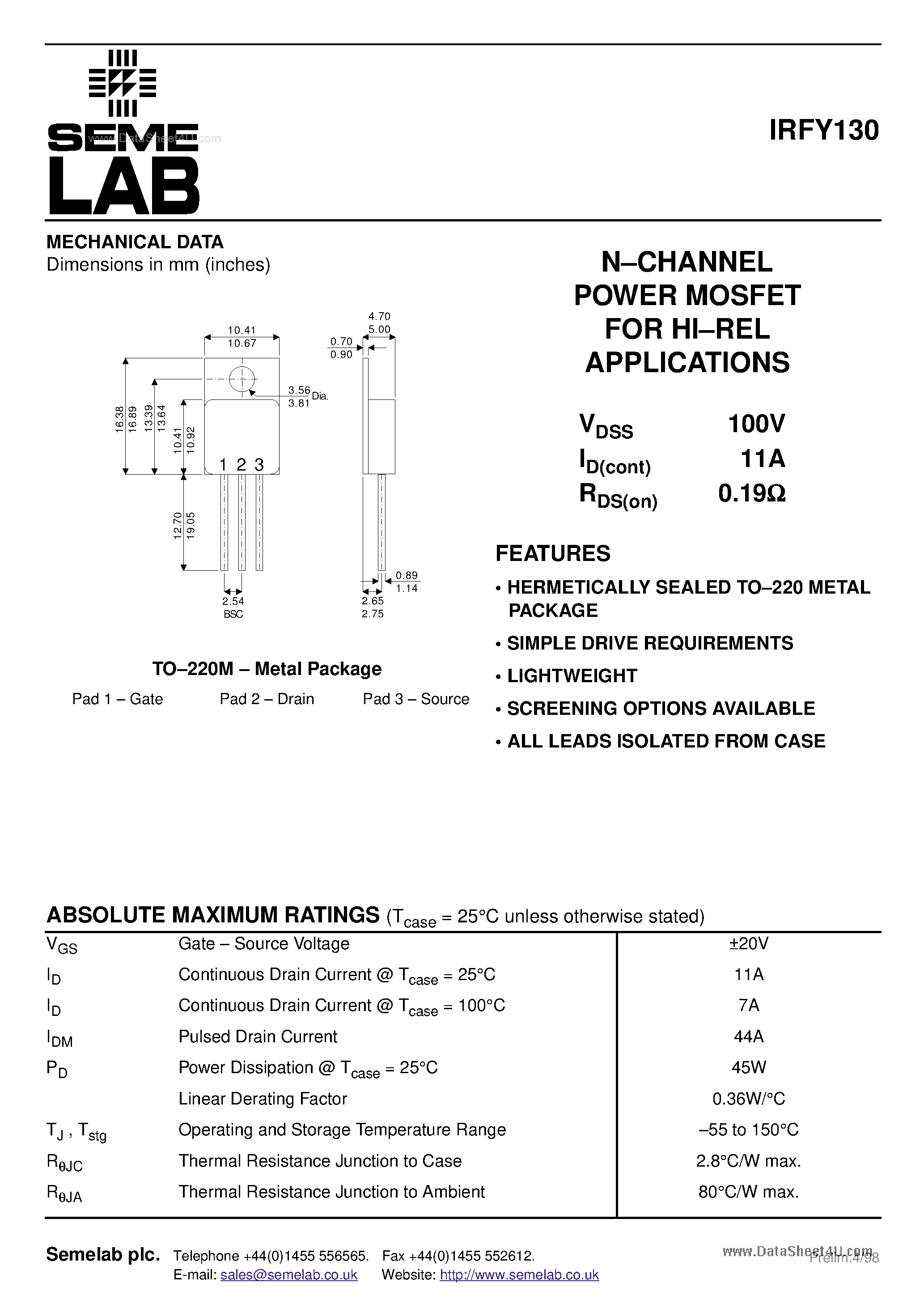 Даташит IRFY130 - N-CHANNEL POWER MOSFET страница 1