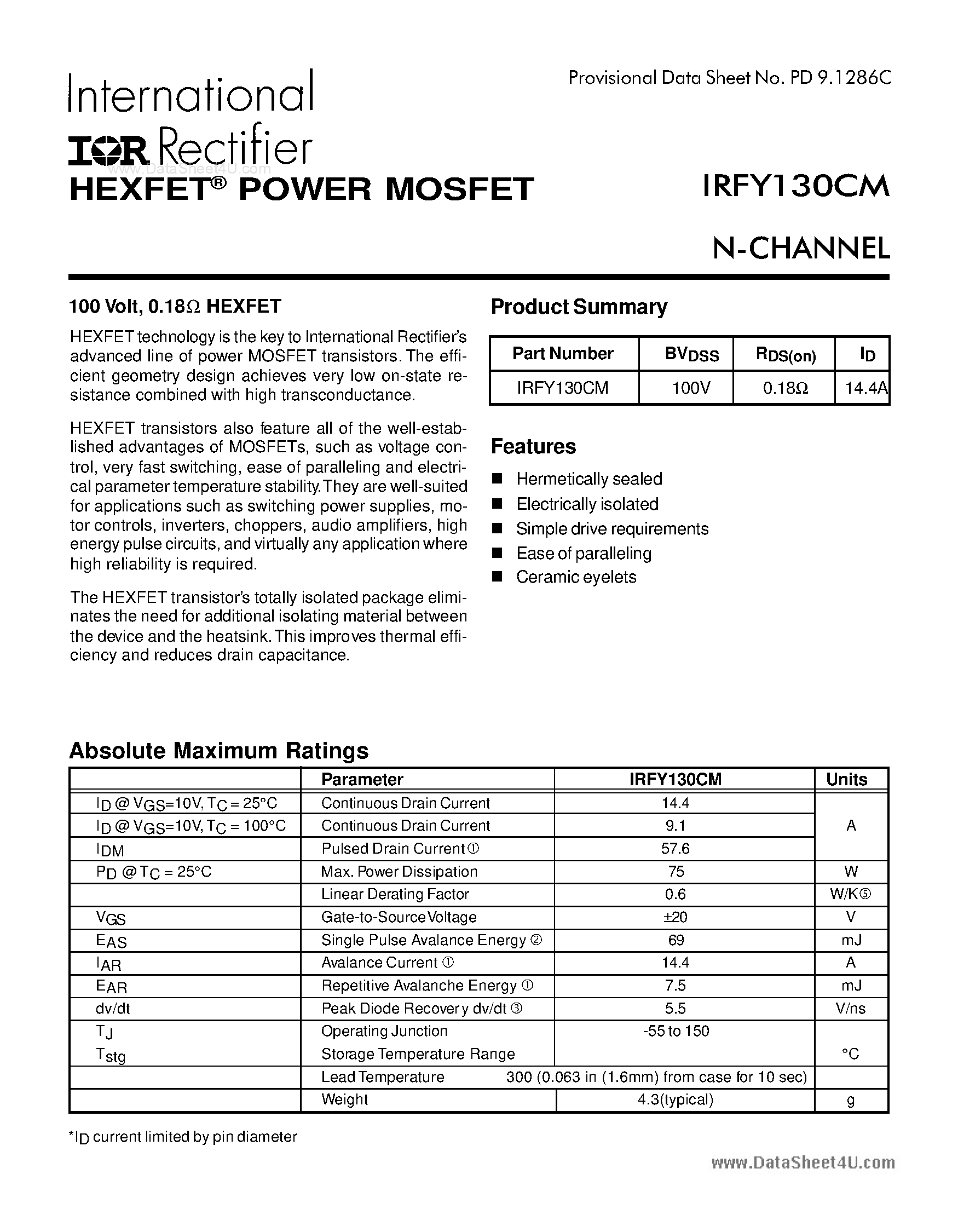 Даташит IRFY130CM - POWER MOSFET N-CHANNE страница 1