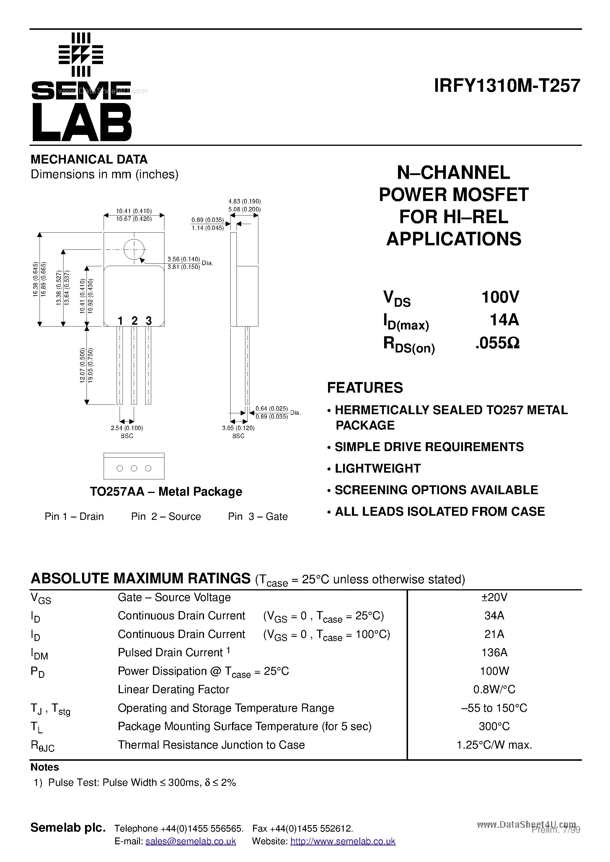 Даташит IRFY1310M-T257 - N-CHANNEL POWER MOSFET страница 1