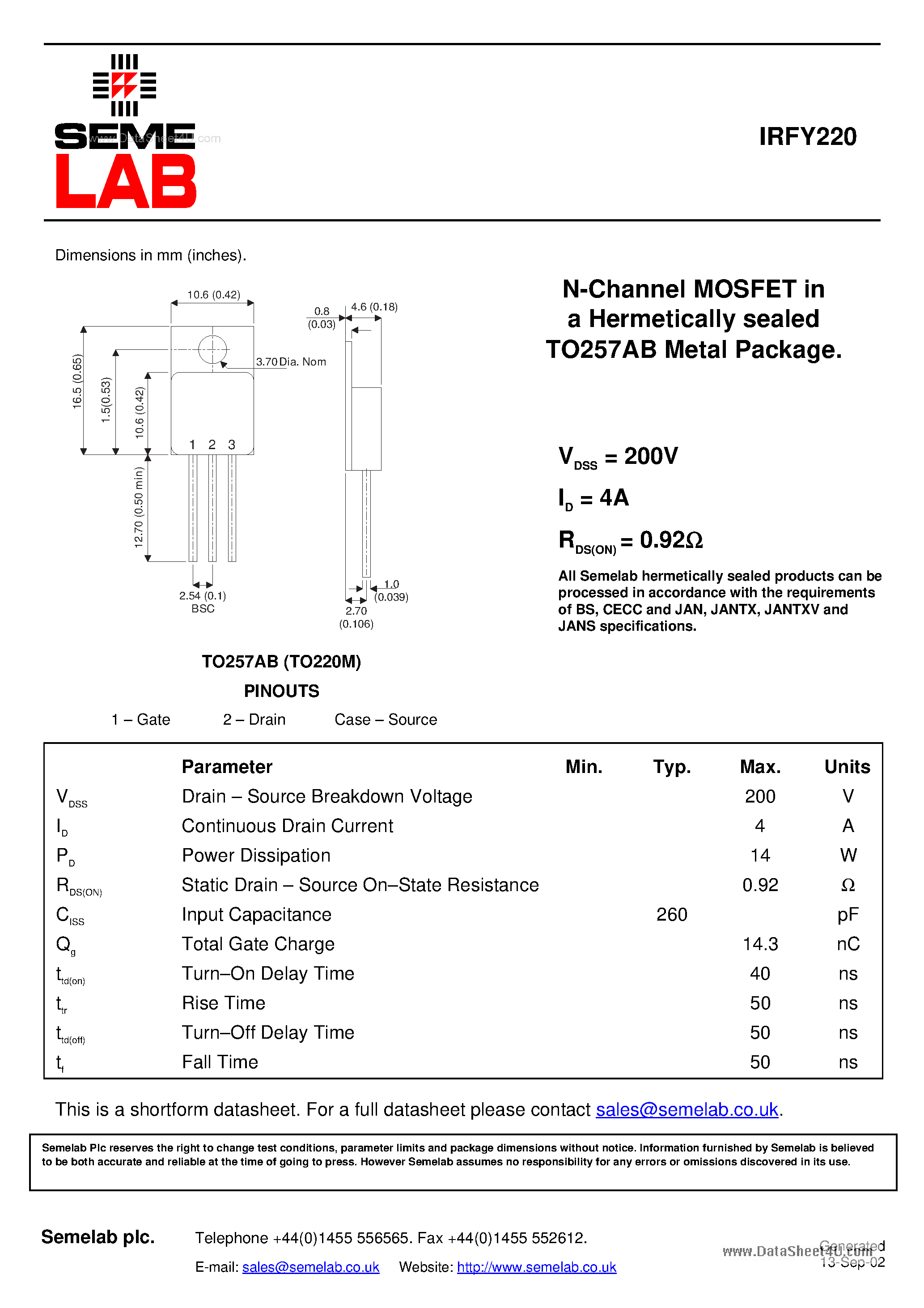 Даташит IRFY220 - N-Channel MOSFET страница 1