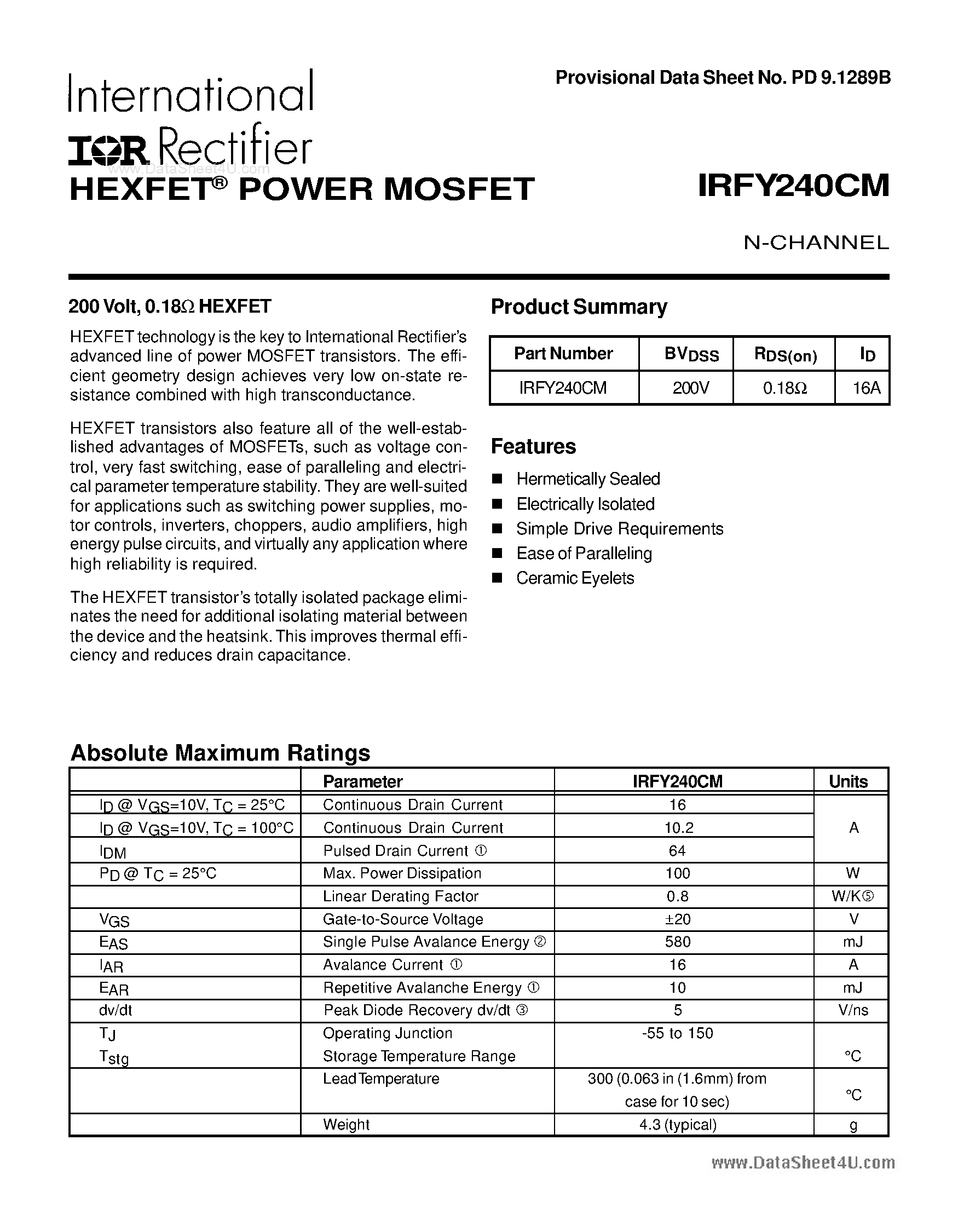 Даташит IRFY240CM - POWER MOSFET N-CHANNEL страница 1