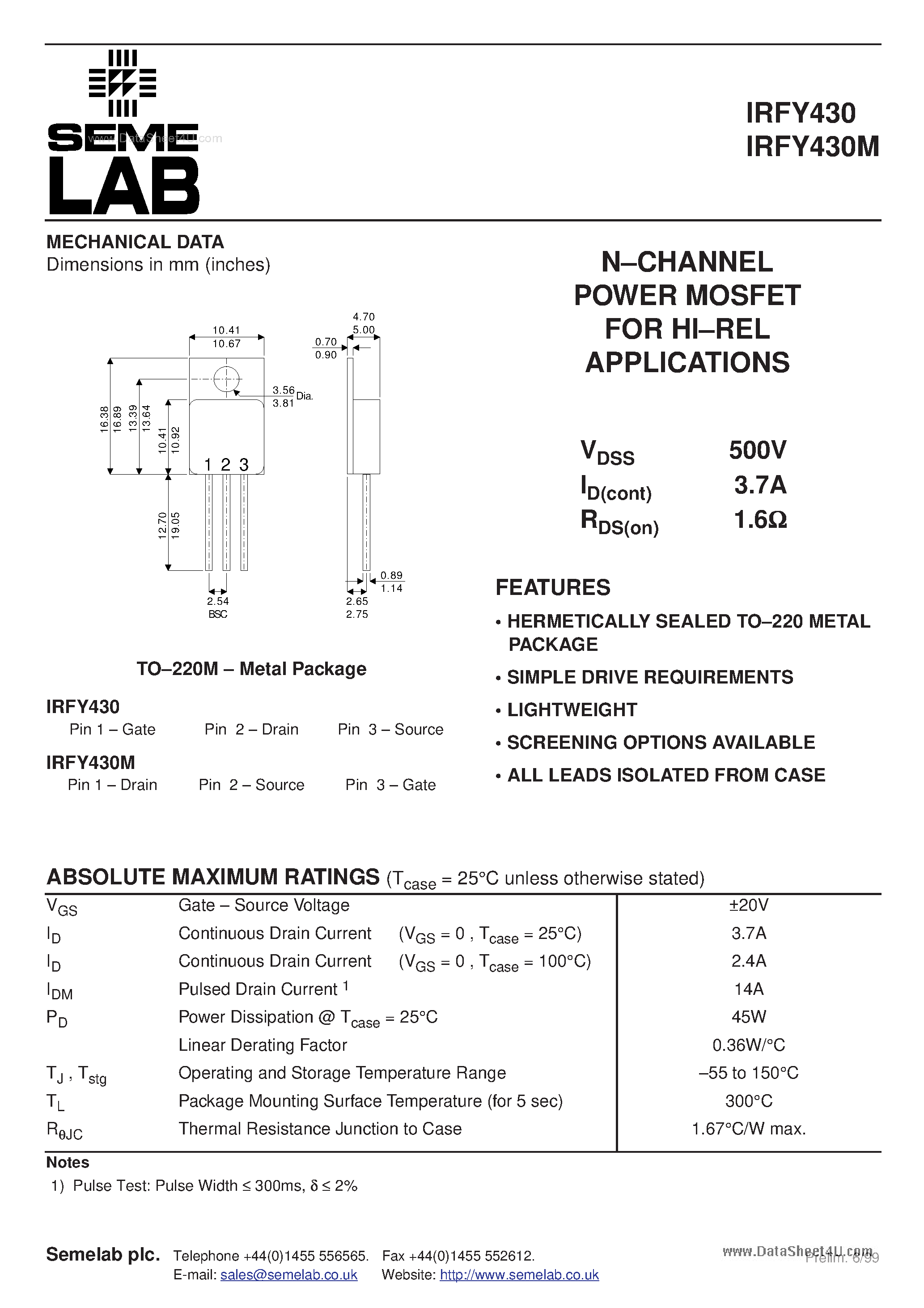 Даташит IRFY430 - N-Channel MOSFET страница 1