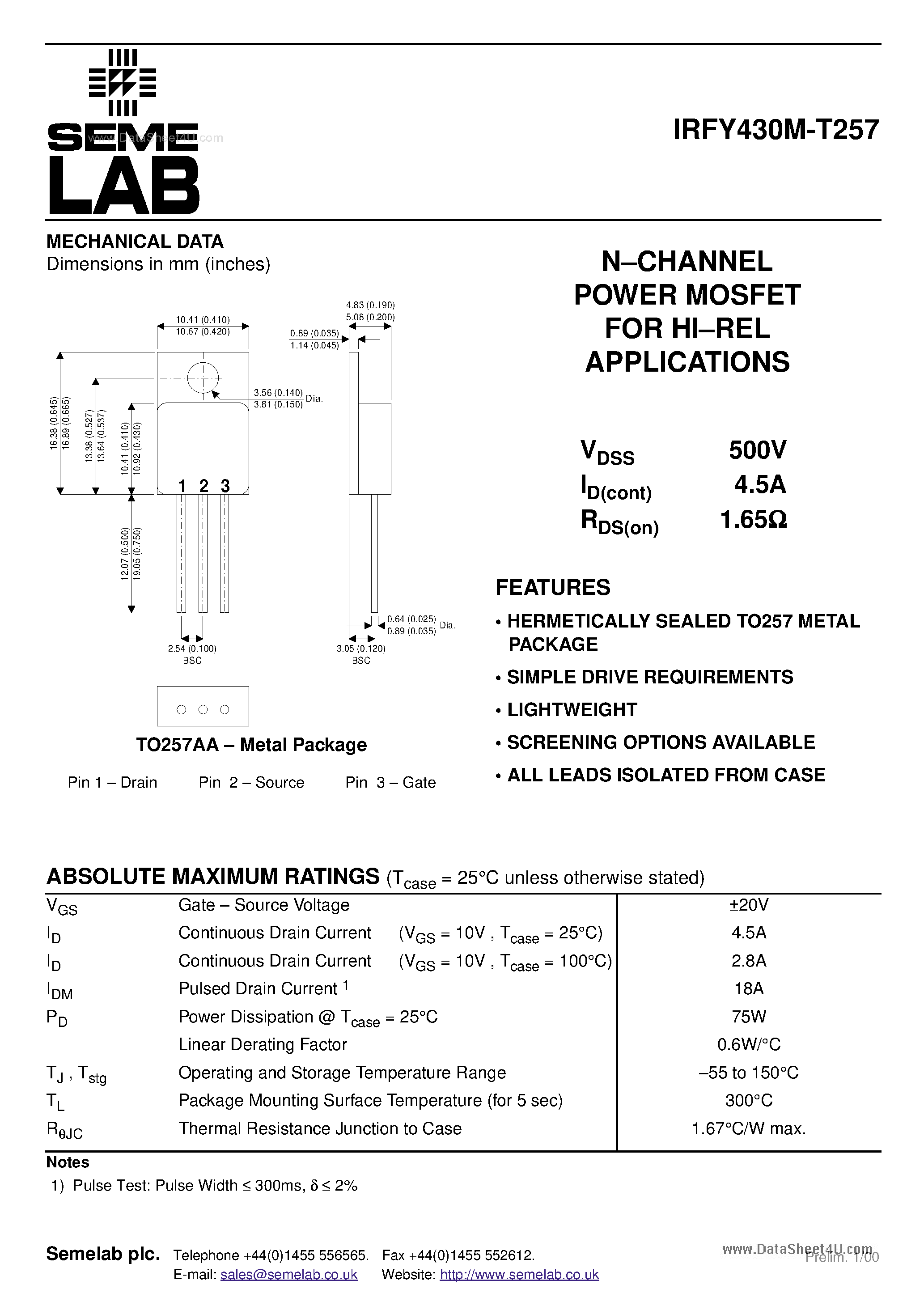 Даташит IRFY430M-T257 - N-CHANNEL POWER MOSFET страница 1