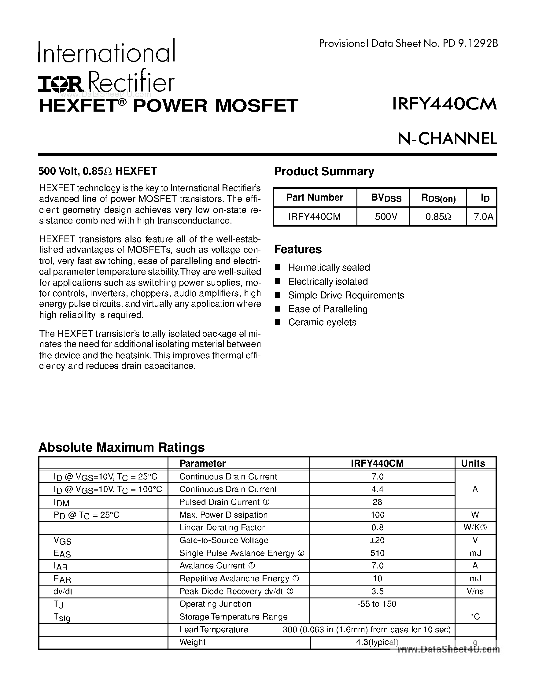 Даташит IRFY440CM - POWER MOSFET N-CHANNE страница 1