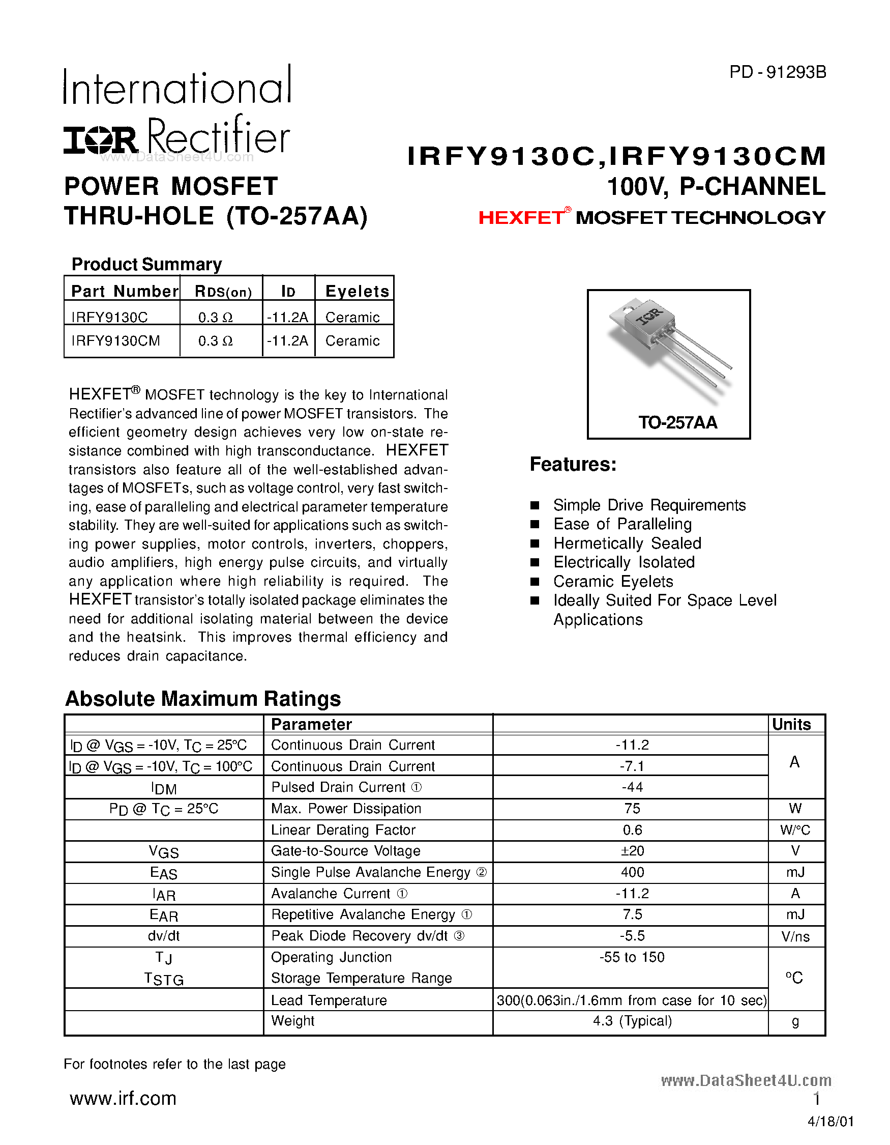 Даташит IRFY9130C - POWER MOSFET THRU-HOLE страница 1