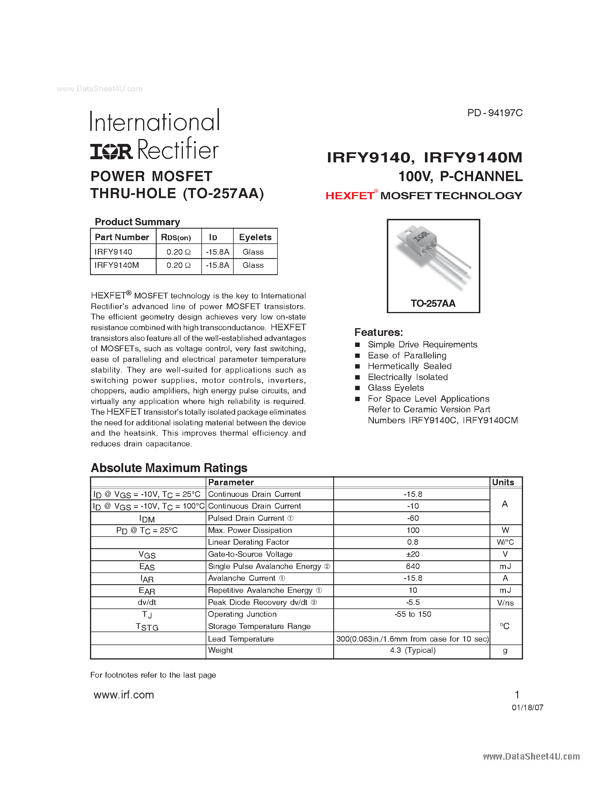 Даташит IRFY9140 - POWER MOSFET THRU-HOLE страница 1