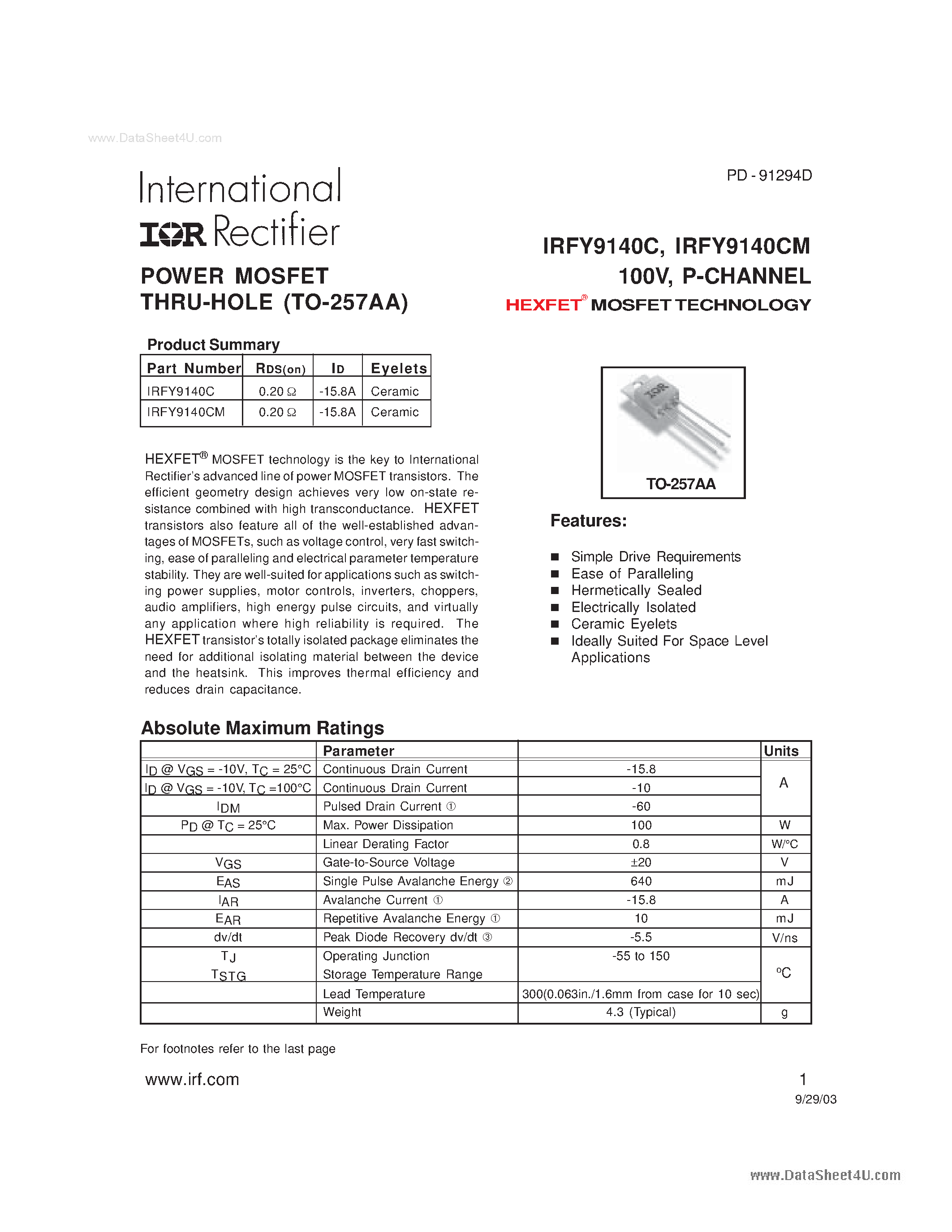 Даташит IRFY9140CM - POWER MOSFET THRU-HOLE страница 1