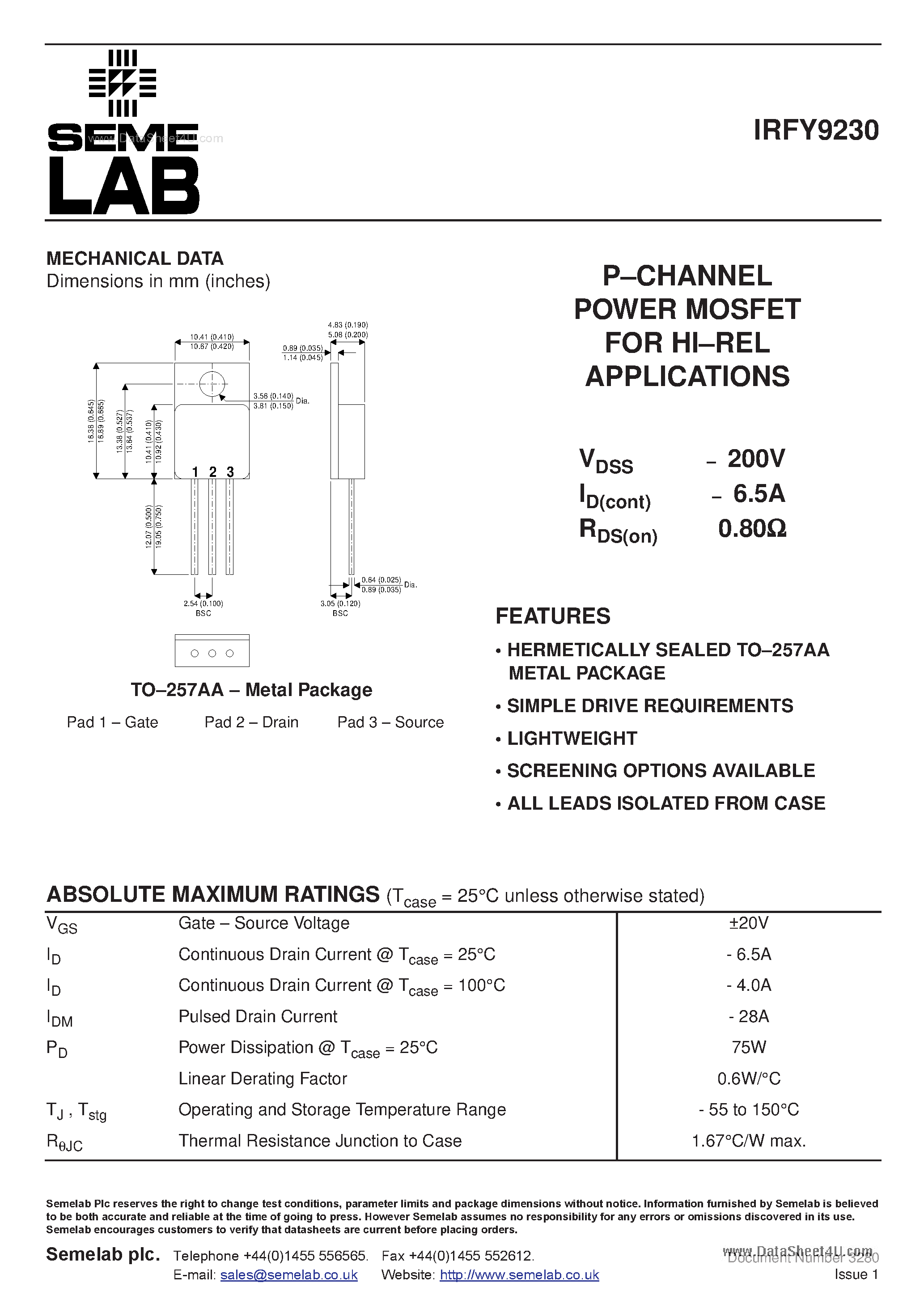 Даташит IRFY9230 - P-CHANNEL POWER MOSFET страница 1