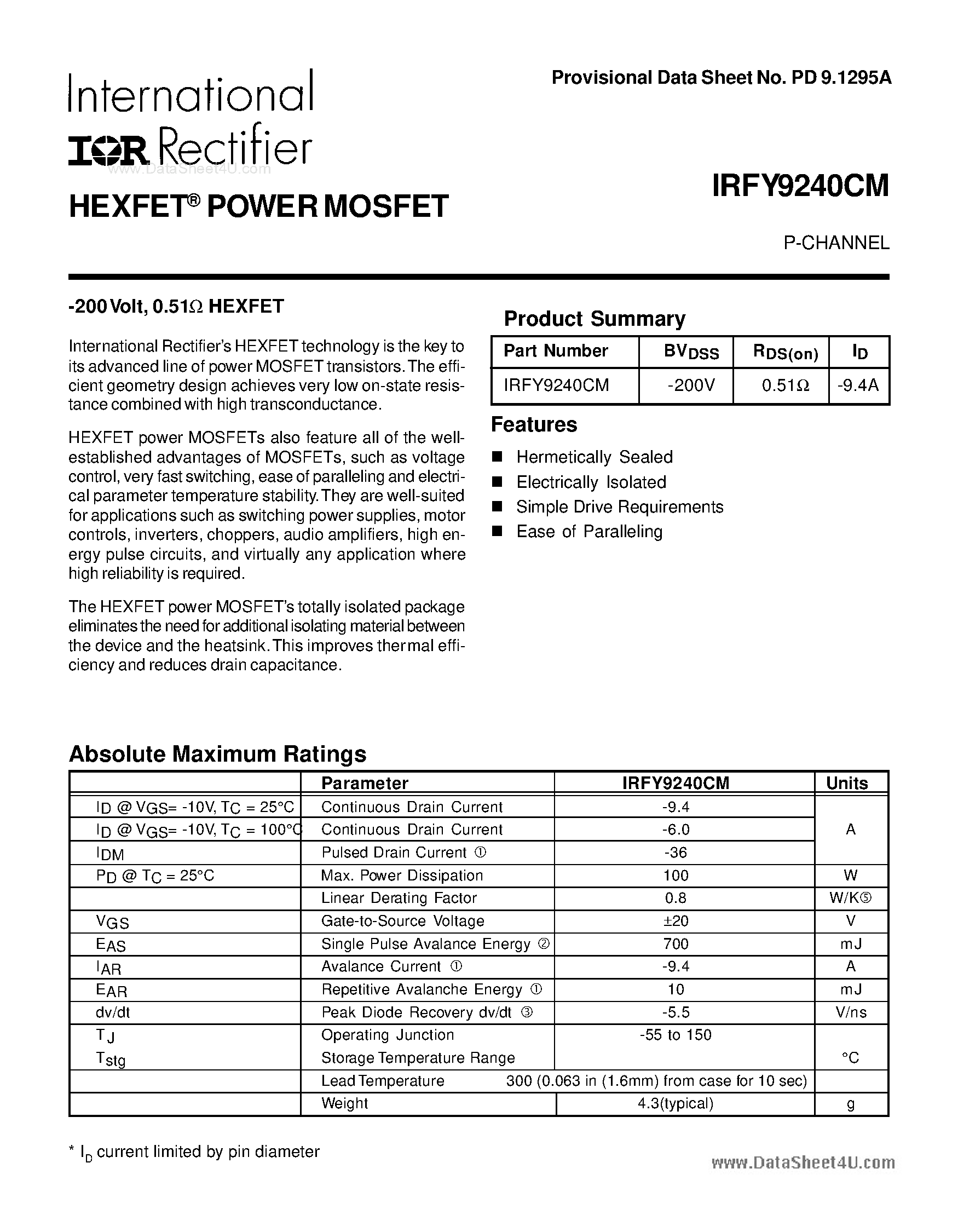 Даташит IRFY9240CM - P-CHANNEL POWER MOSFET страница 1