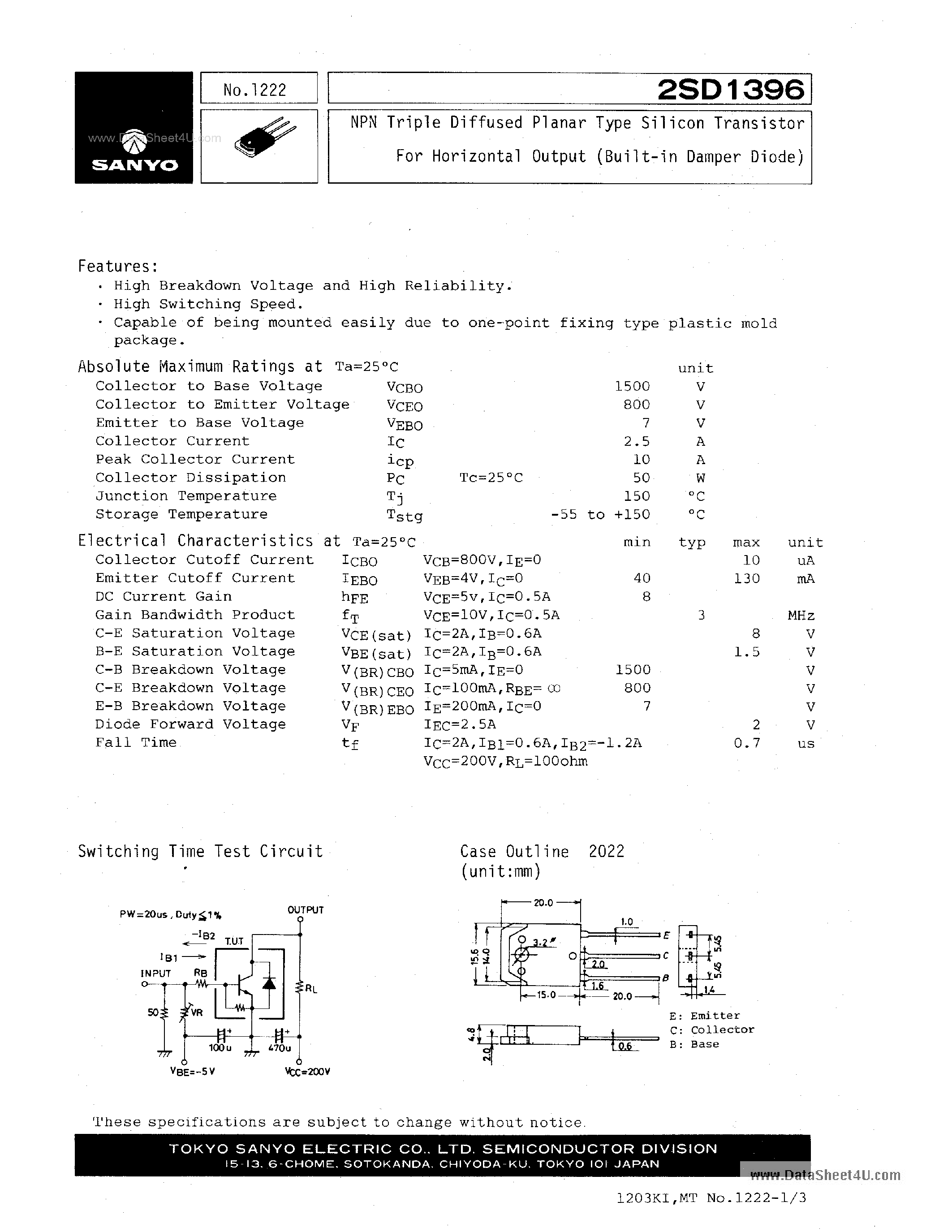 Даташит D1396 - Search -----> 2SD1396 страница 1