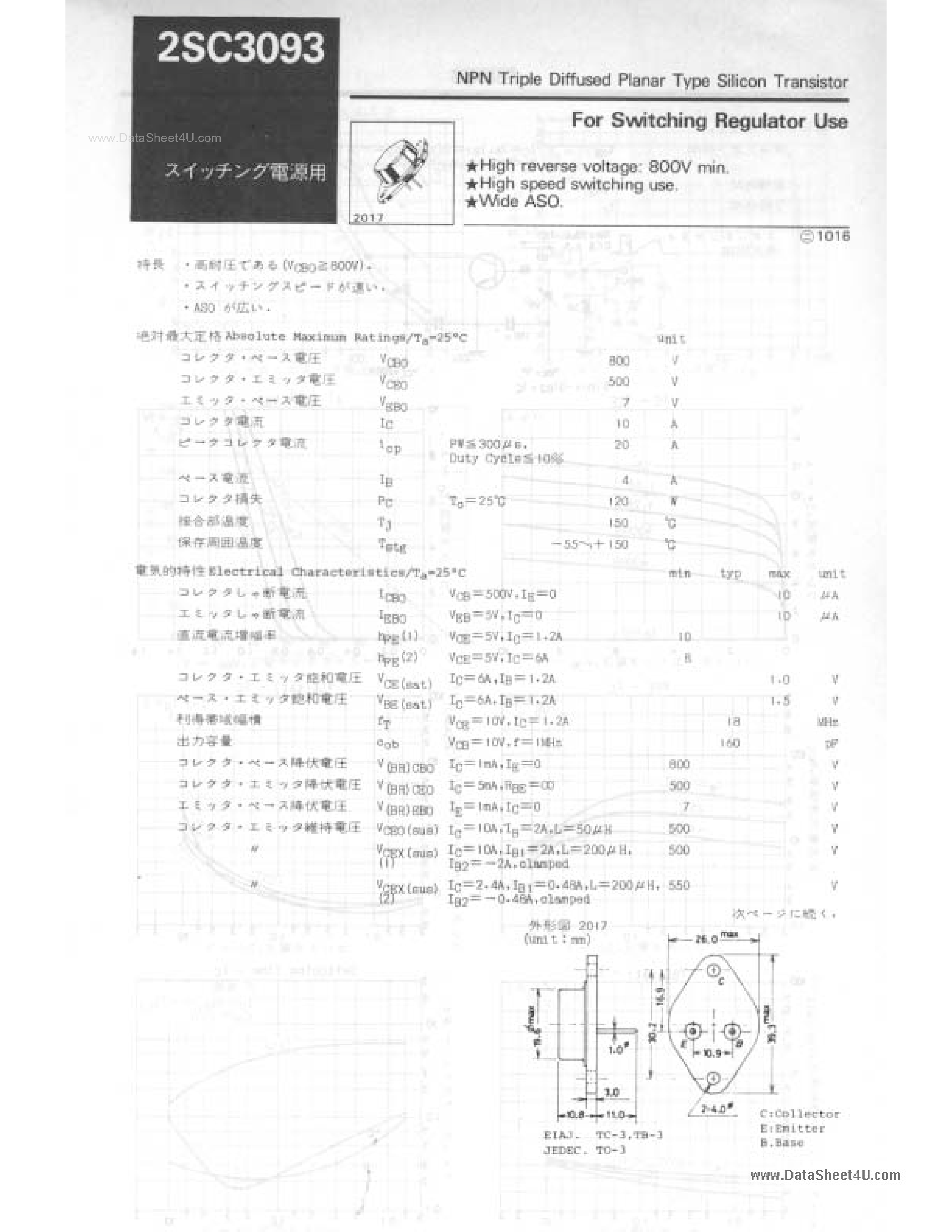 Даташит 2SC3093 - NPN Triple Diffused Planar Silicon Transistor страница 1