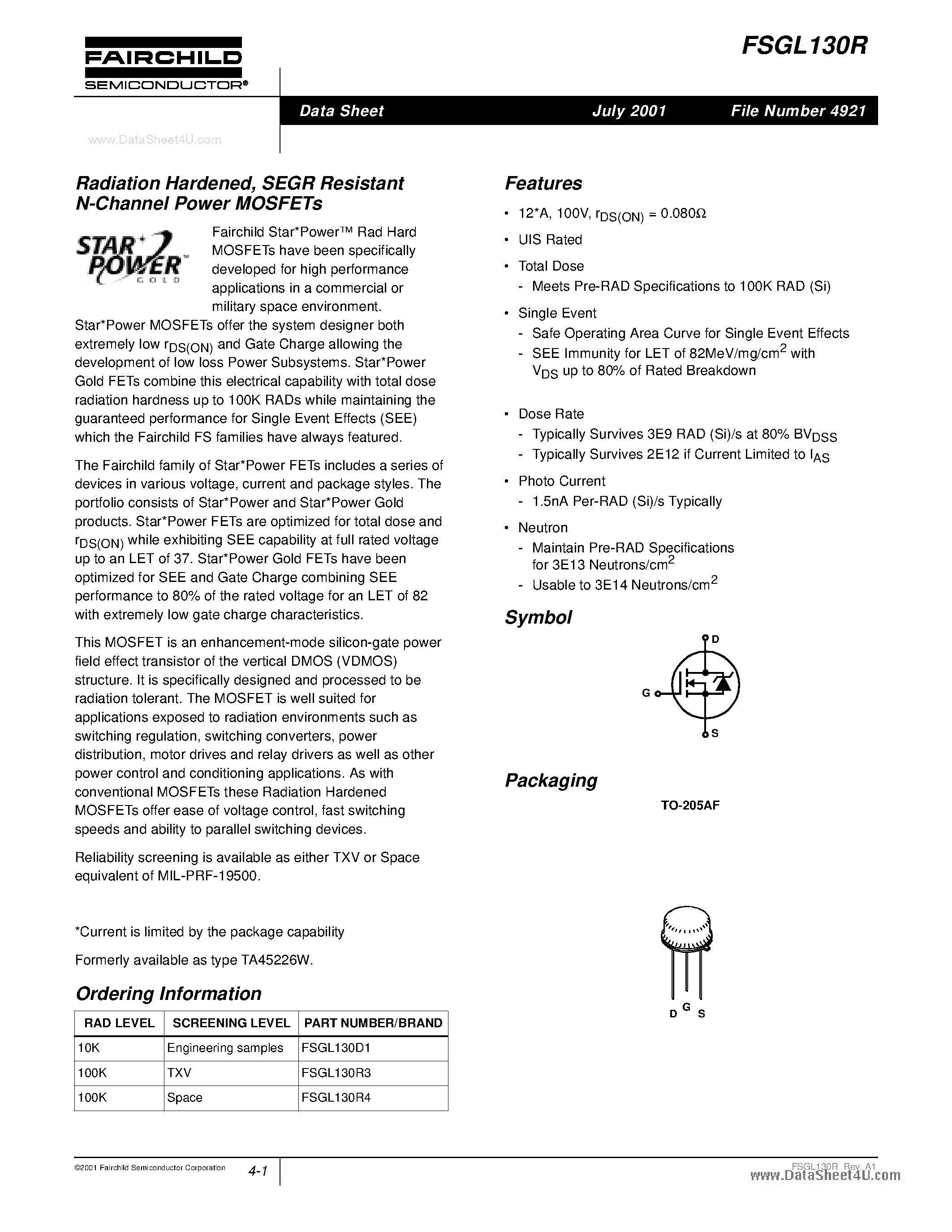 Даташит FSGL130R - Radiation Hardened / SEGR Resistant N-Channel Power MOSFET страница 1