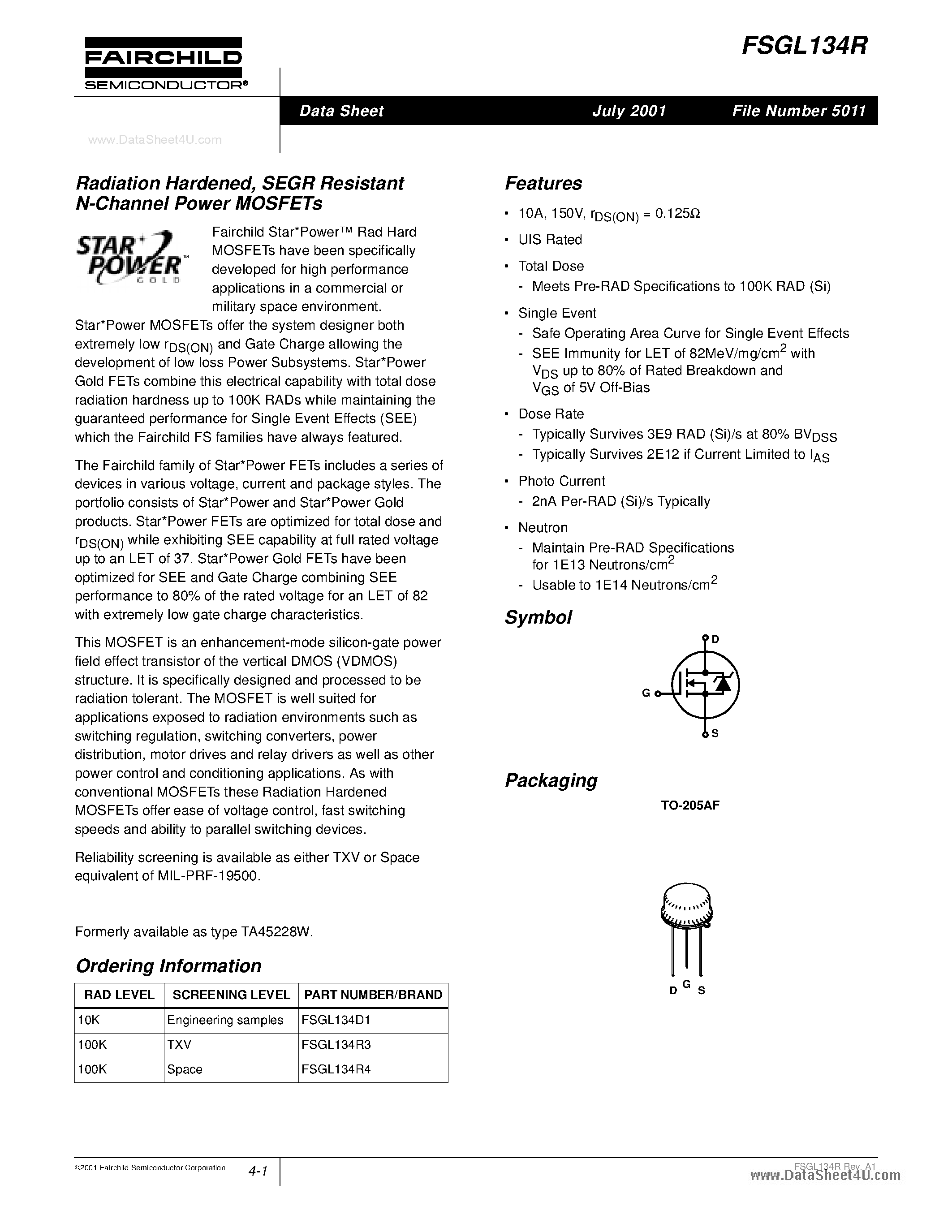 Даташит FSGL134R - Radiation Hardened / SEGR Resistant N-Channel Power MOSFET страница 1