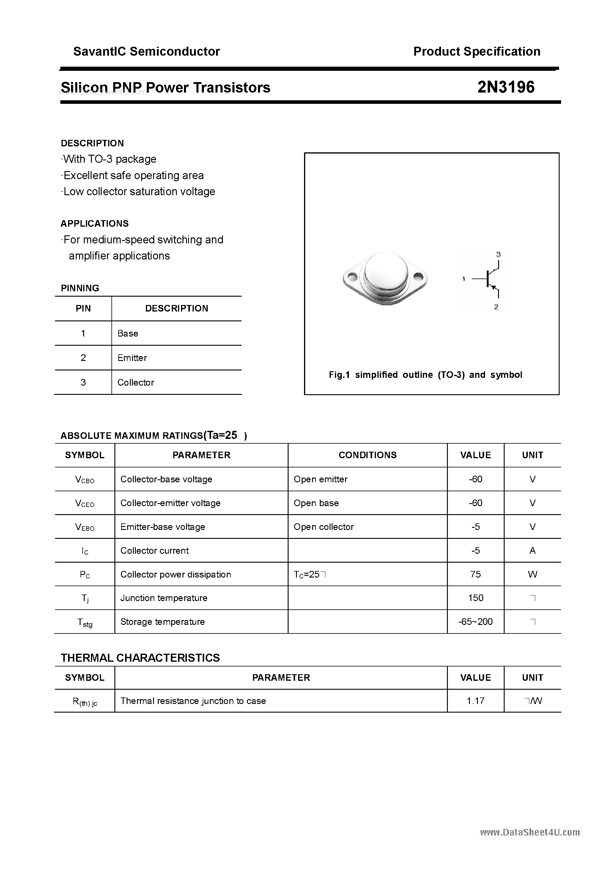 Даташит 2N3196 - Silicon PNP Power Transistors страница 1