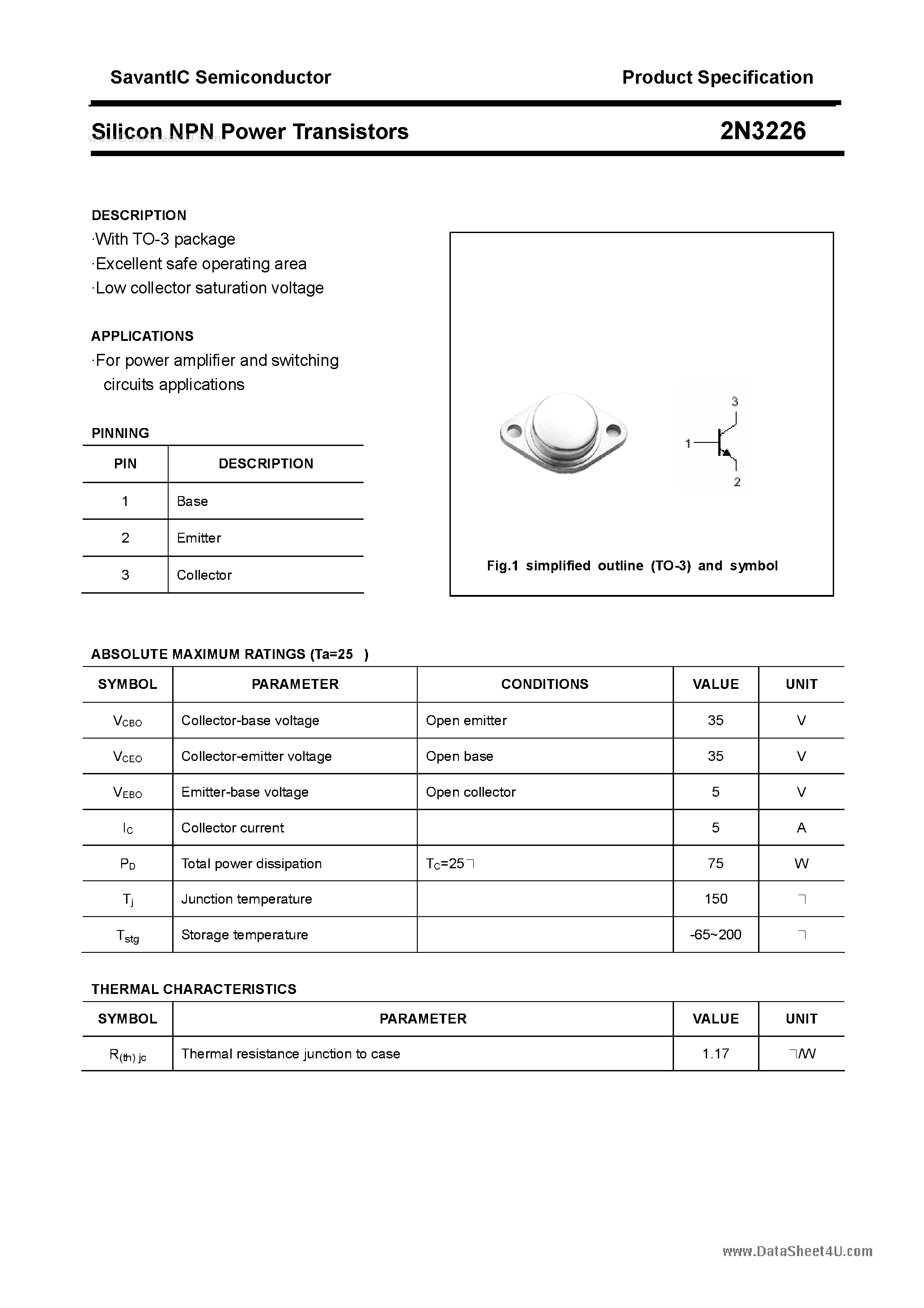 Даташит 2N3226 - Silicon NPN Power Transistors страница 1