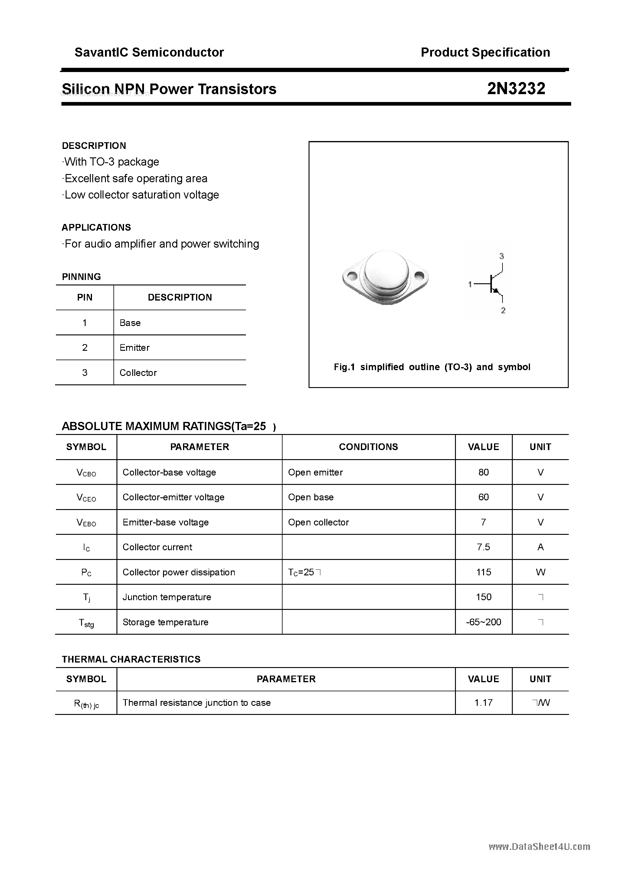 Даташит 2N3232 - Silicon NPN Power Transistors страница 1