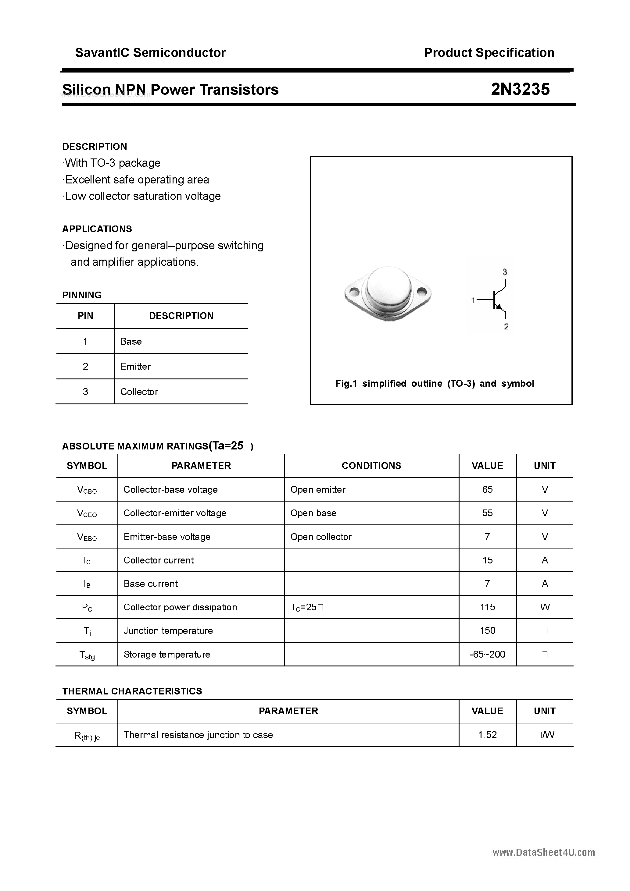 Даташит 2N3235 - Silicon NPN Power Transistors страница 1