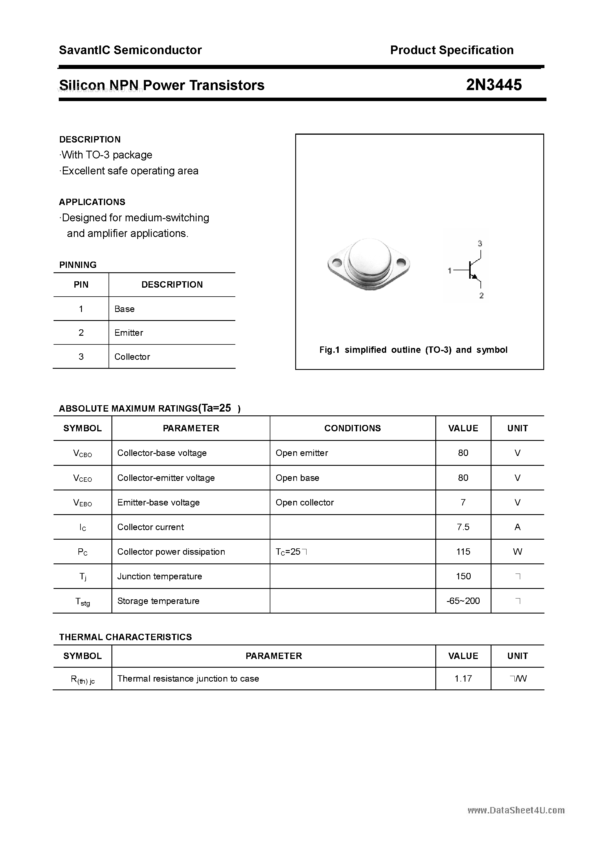 Даташит 2N3445 - Silicon NPN Power Transistors страница 1