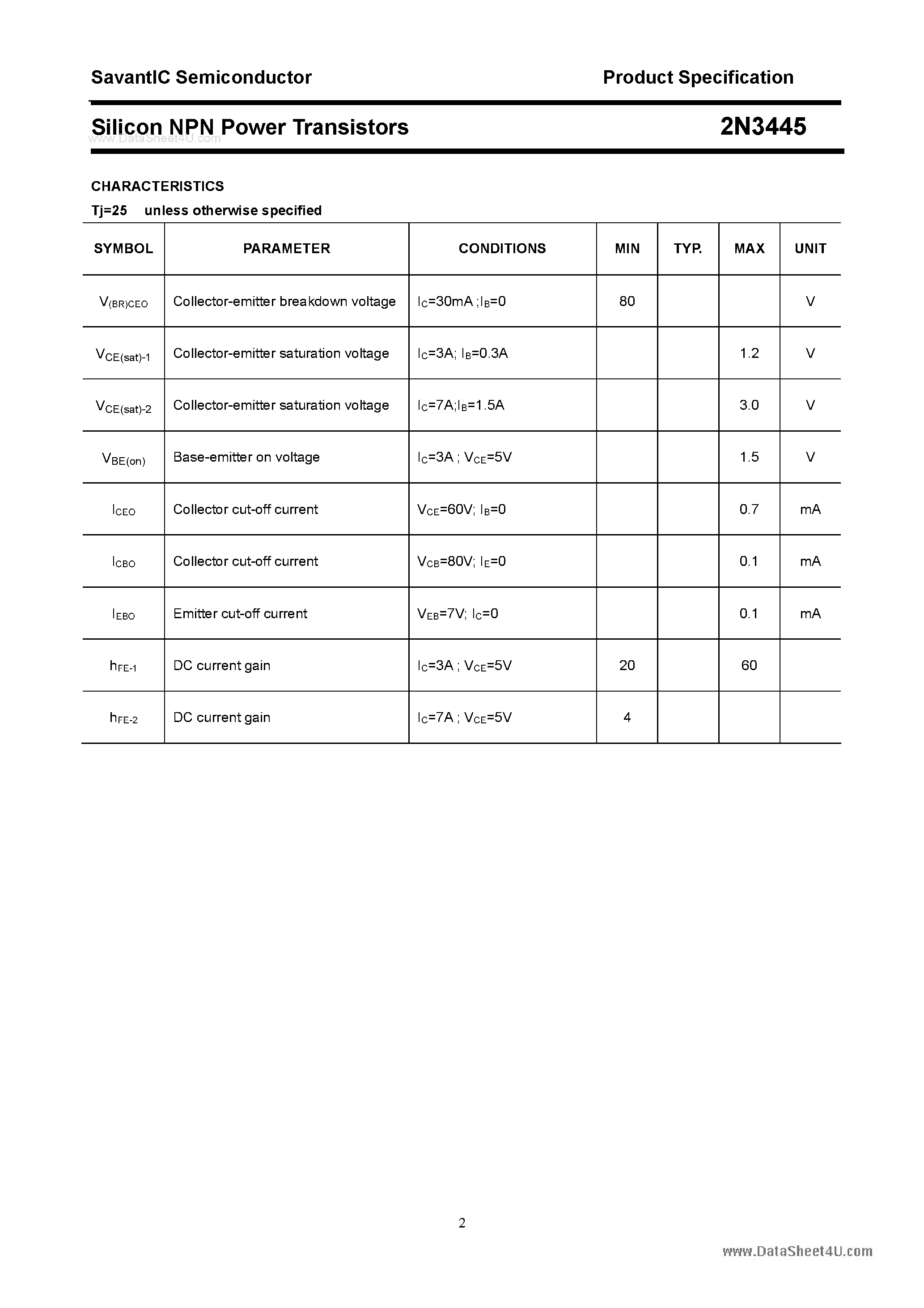 Даташит 2N3445 - Silicon NPN Power Transistors страница 2