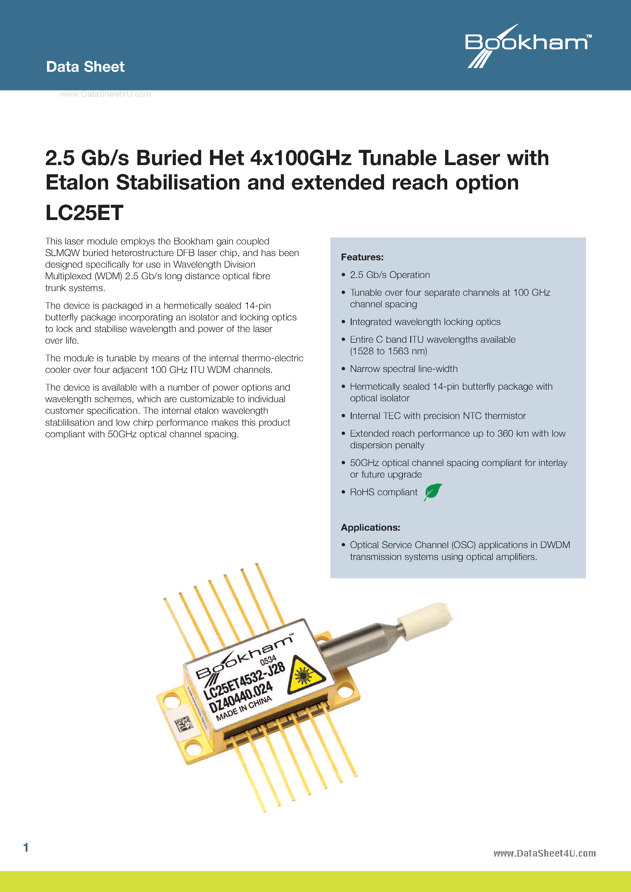 Datasheet LC25ET - 2.5 Gb/s Buried Het 4x100GHz Tunable Laser page 1