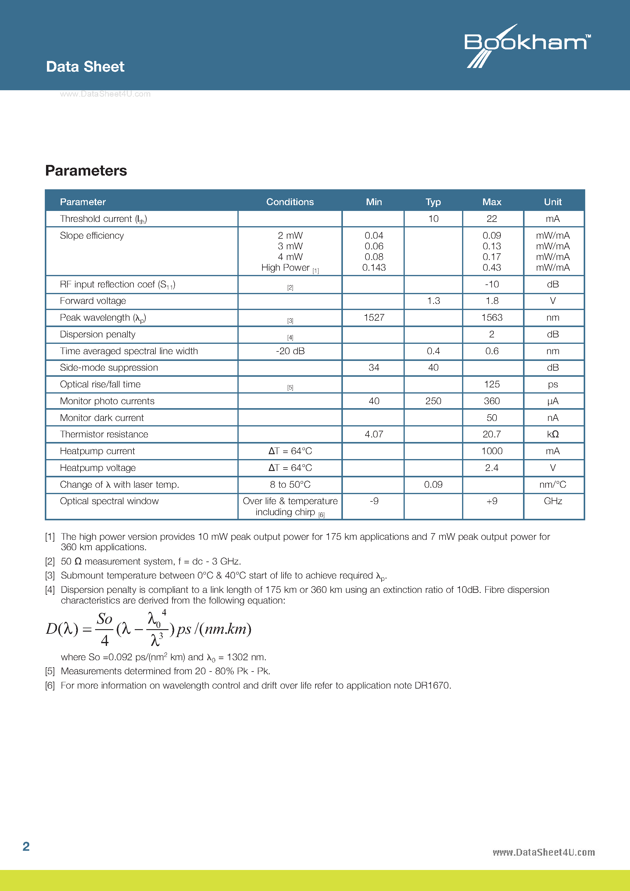 Datasheet LC25ET - 2.5 Gb/s Buried Het 4x100GHz Tunable Laser page 2