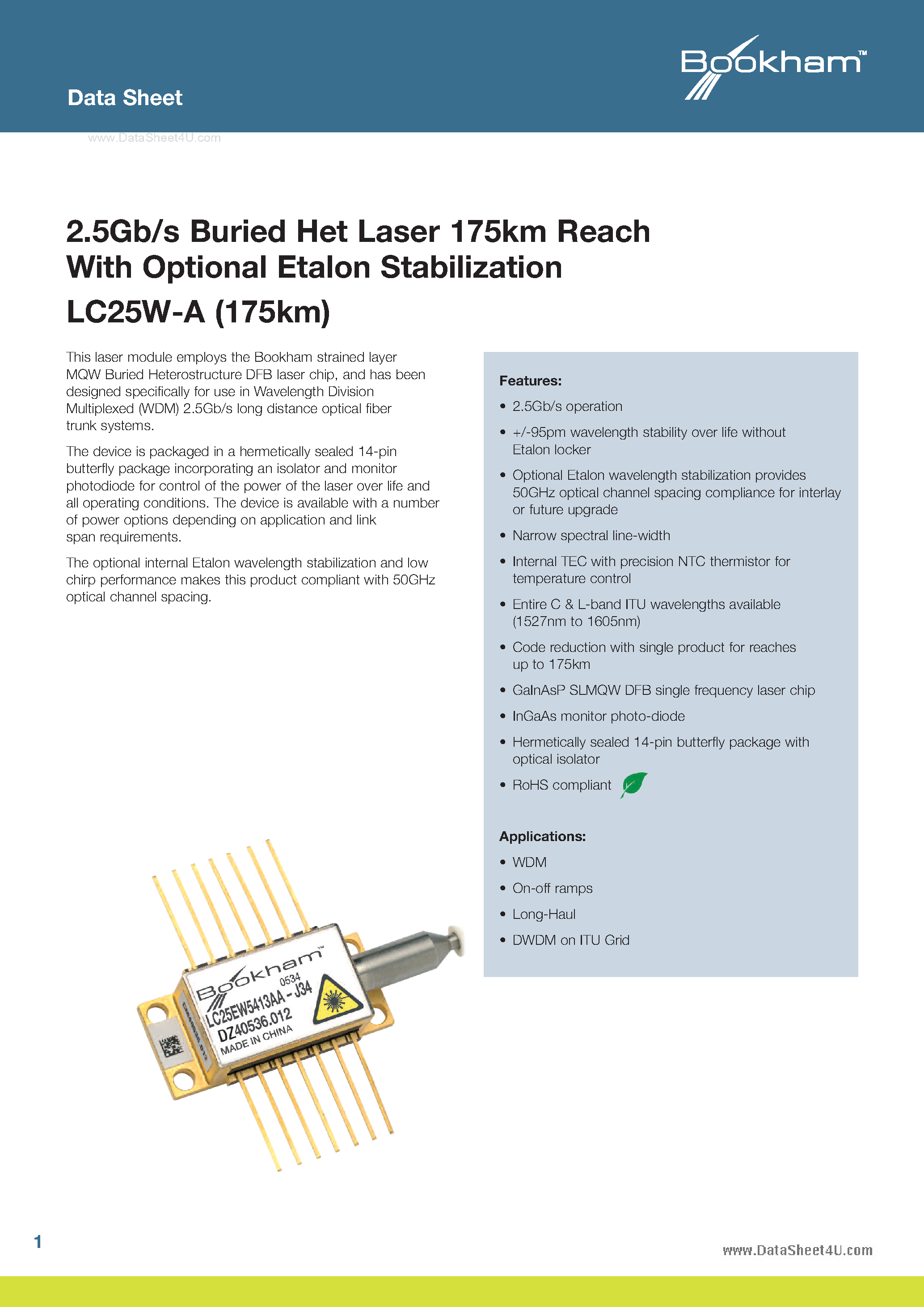 Datasheet LC25W-A - 2.5Gb/s Buried Het Laser 175km Reach page 1