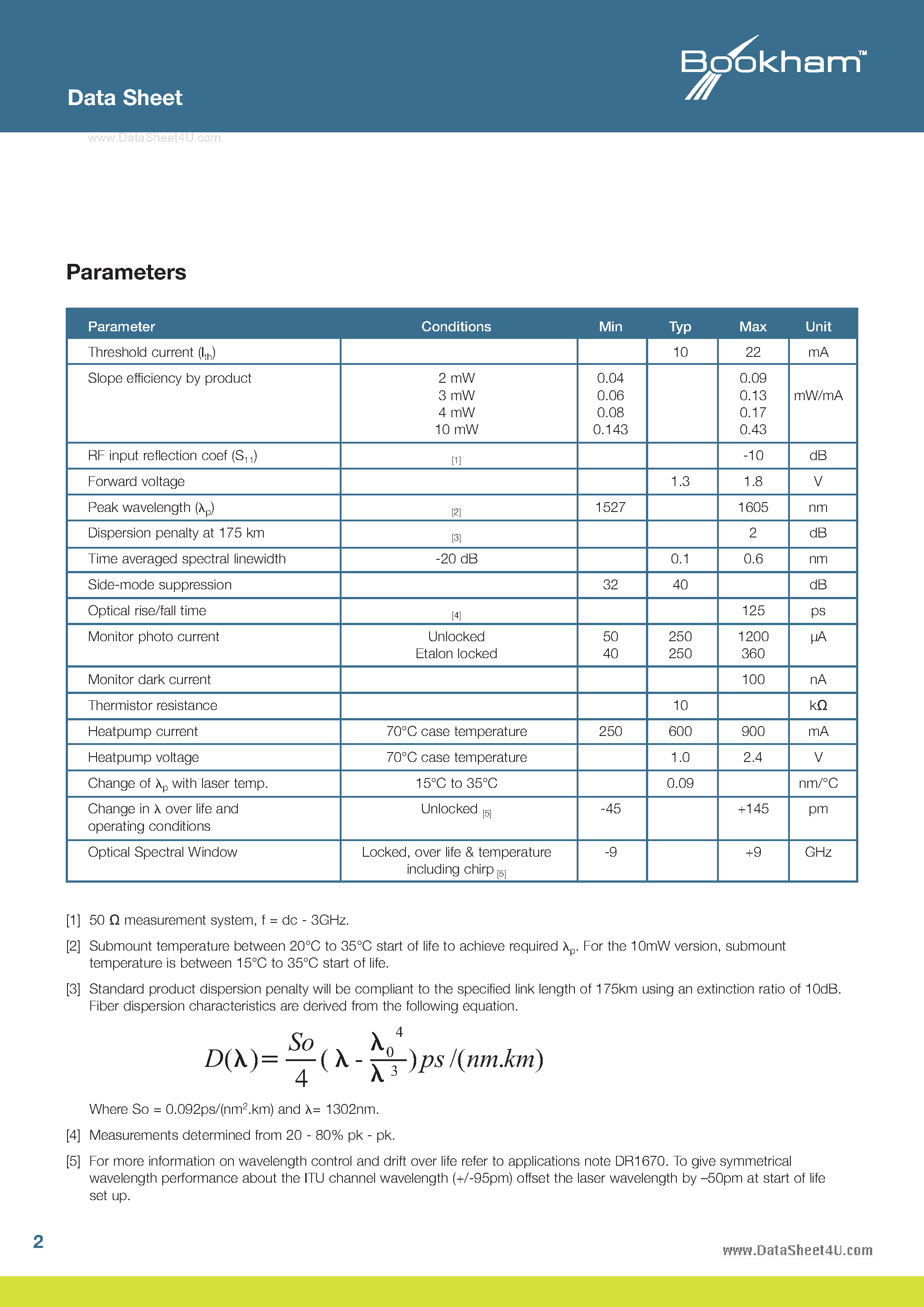 Datasheet LC25W-A - 2.5Gb/s Buried Het Laser 175km Reach page 2