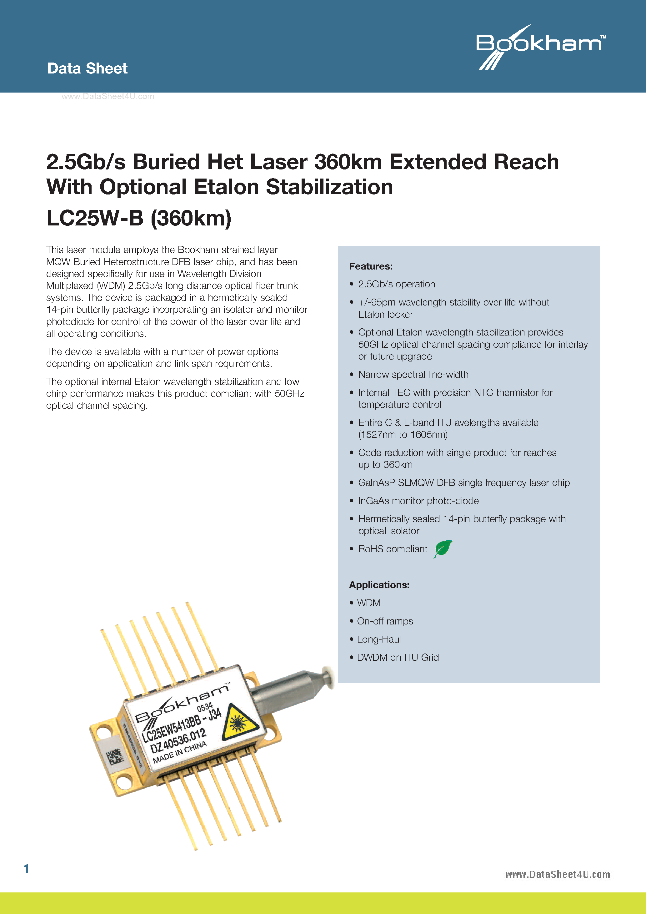 Datasheet LC25W-B - 2.5Gb/s Buried Het Laser 360km Reach page 1