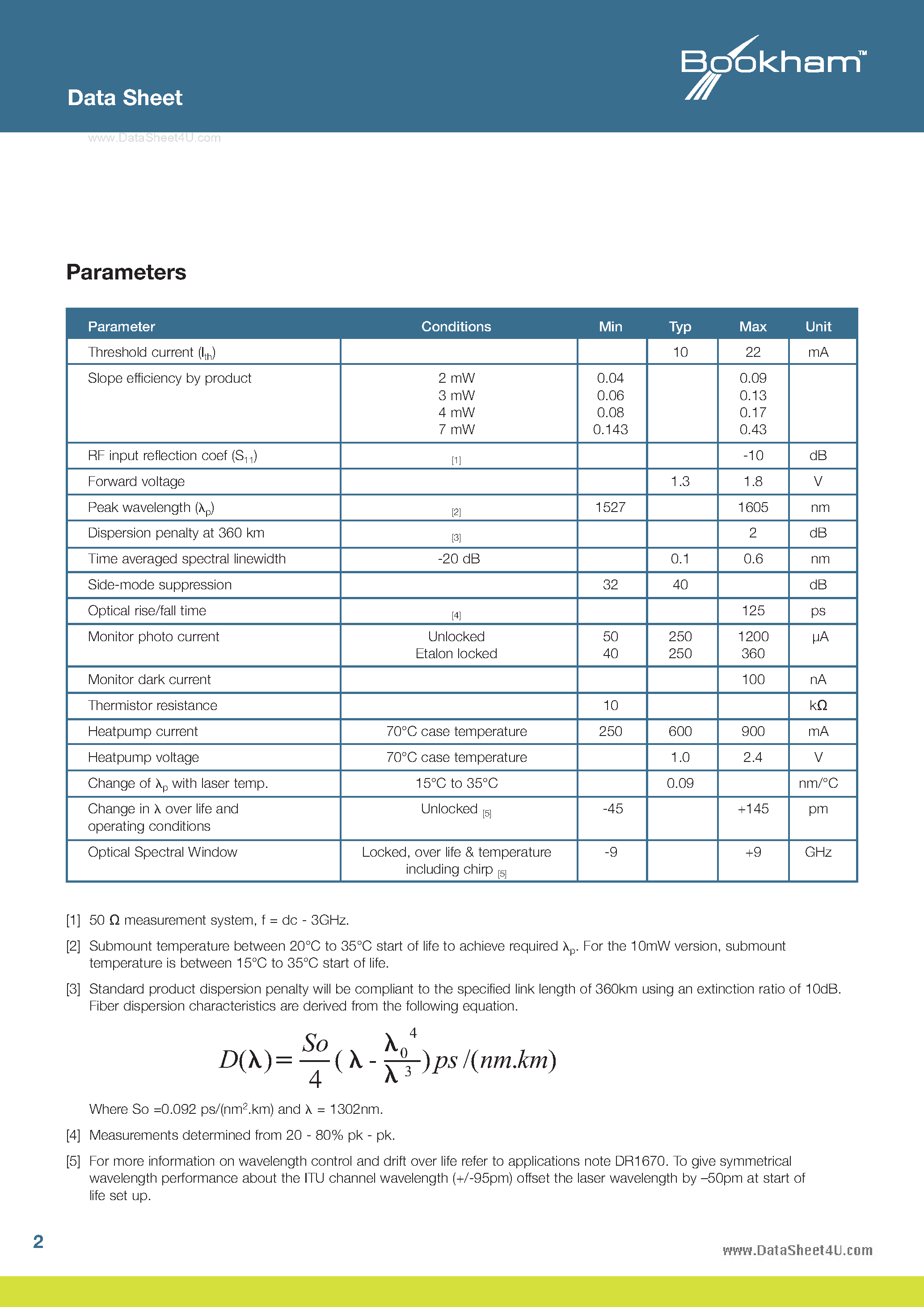 Datasheet LC25W-B - 2.5Gb/s Buried Het Laser 360km Reach page 2