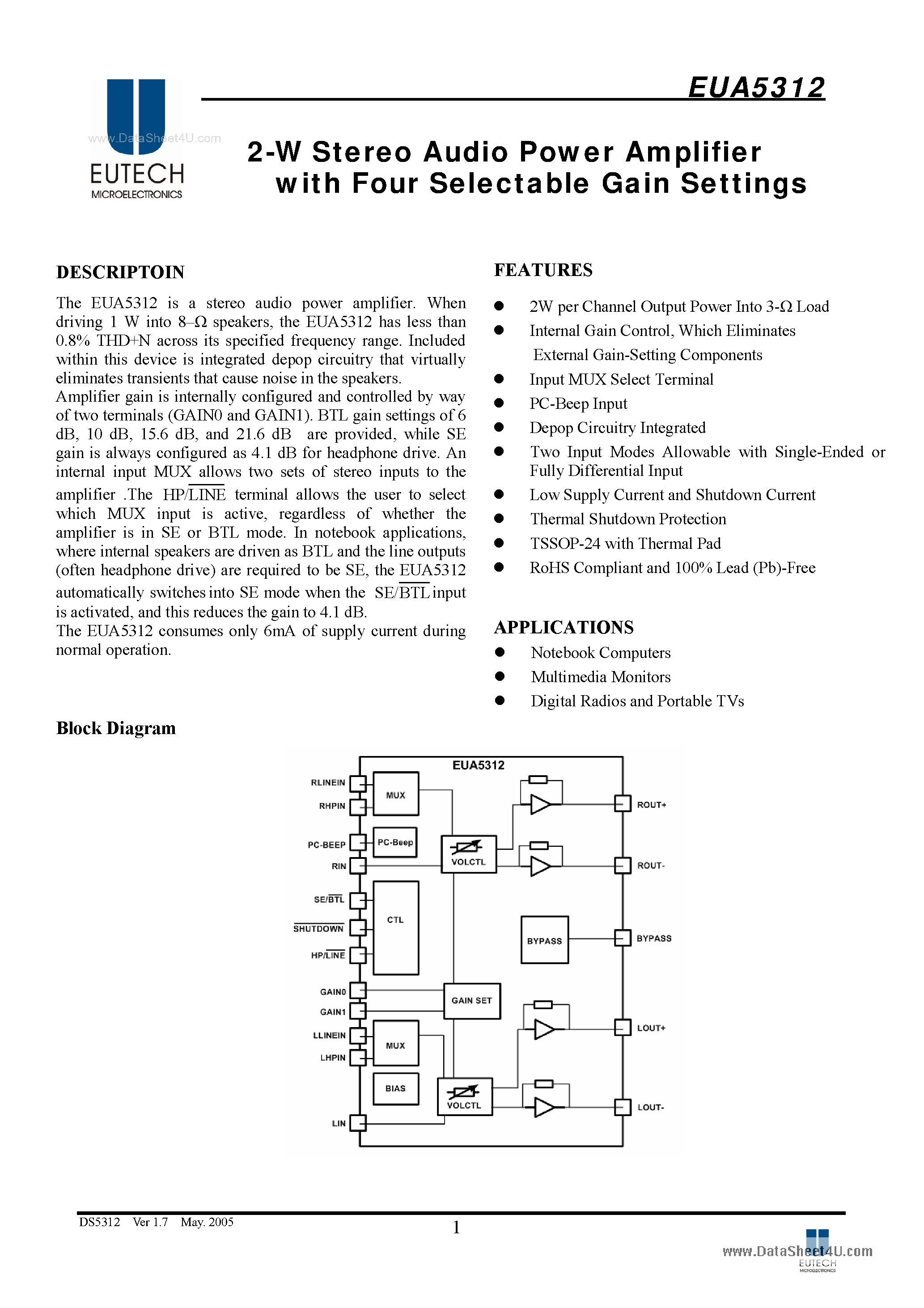 Даташит EUA5312 - 2-W Stereo Audio Power Amplifier страница 1