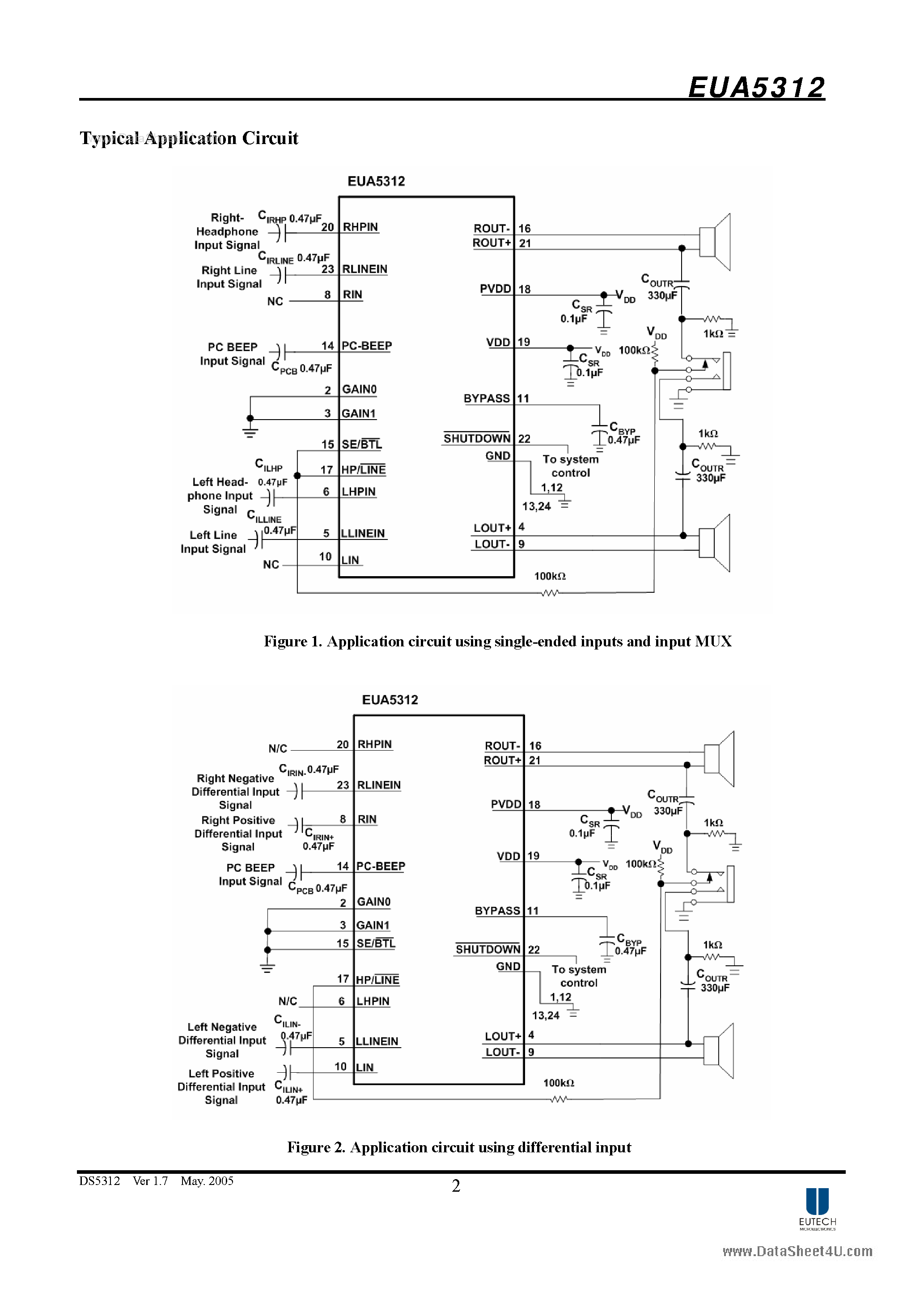 Даташит EUA5312 - 2-W Stereo Audio Power Amplifier страница 2
