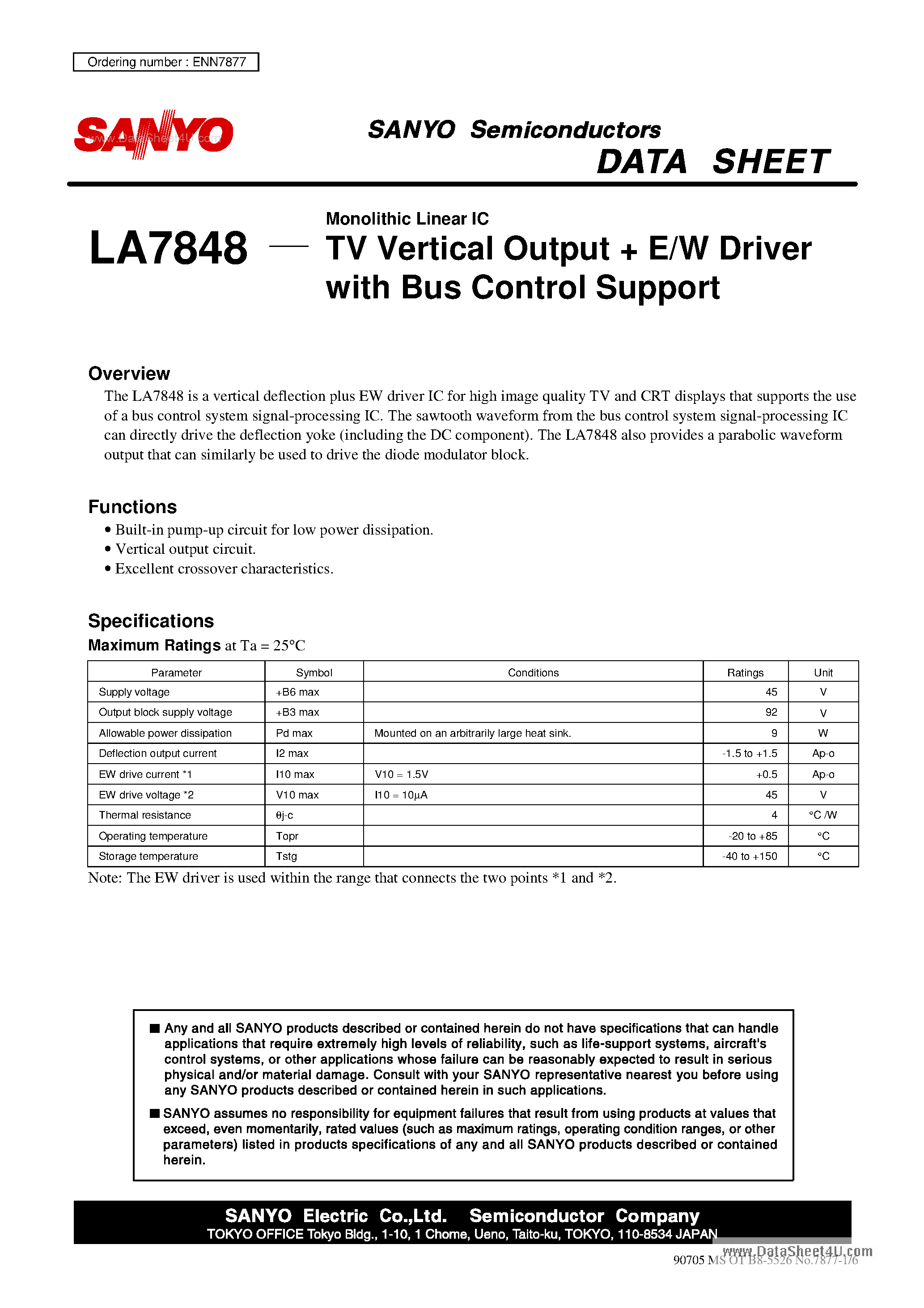 Datasheet LA7848 - TV Vertical Output + E/W Driver page 1