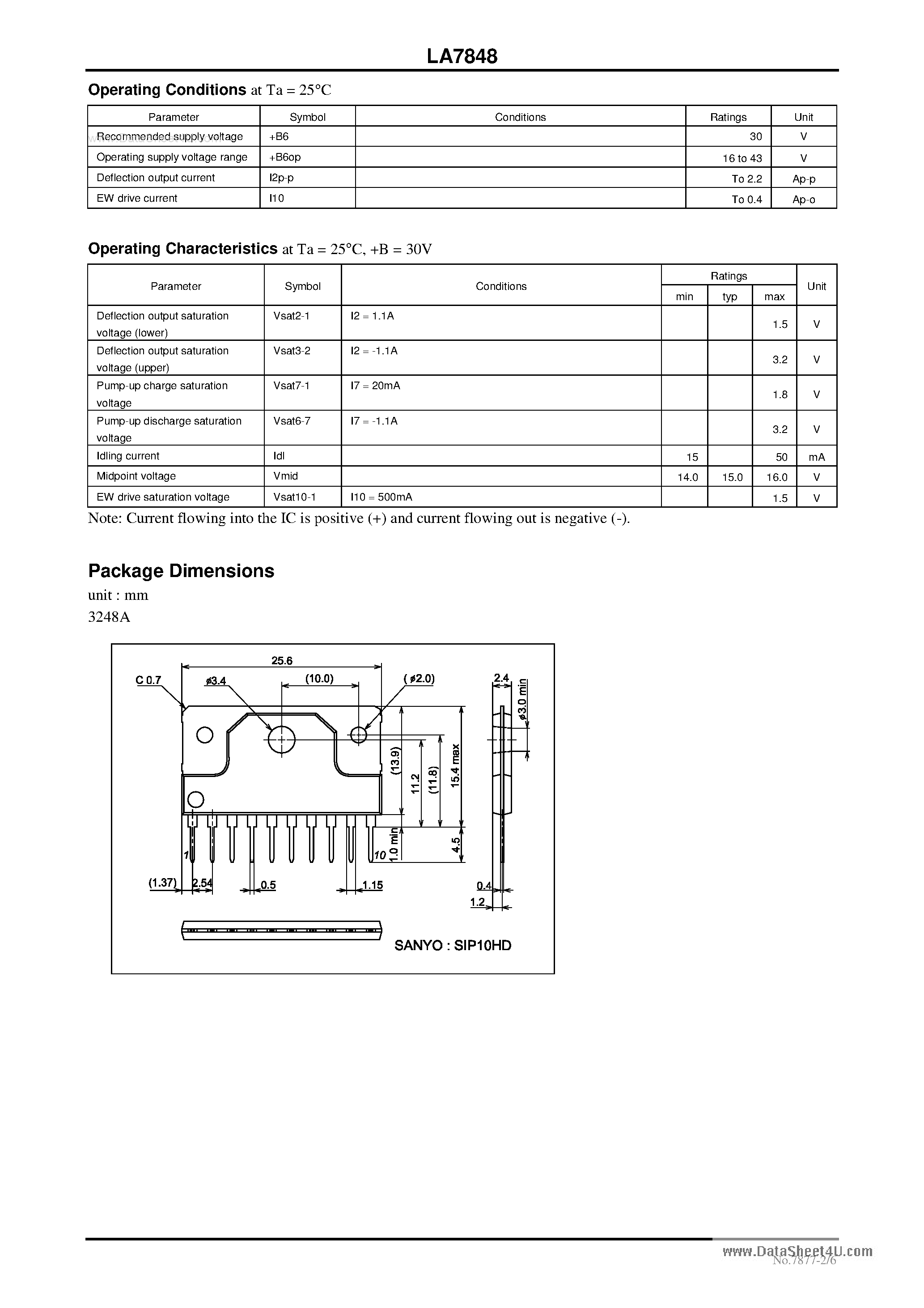 Datasheet LA7848 - TV Vertical Output + E/W Driver page 2