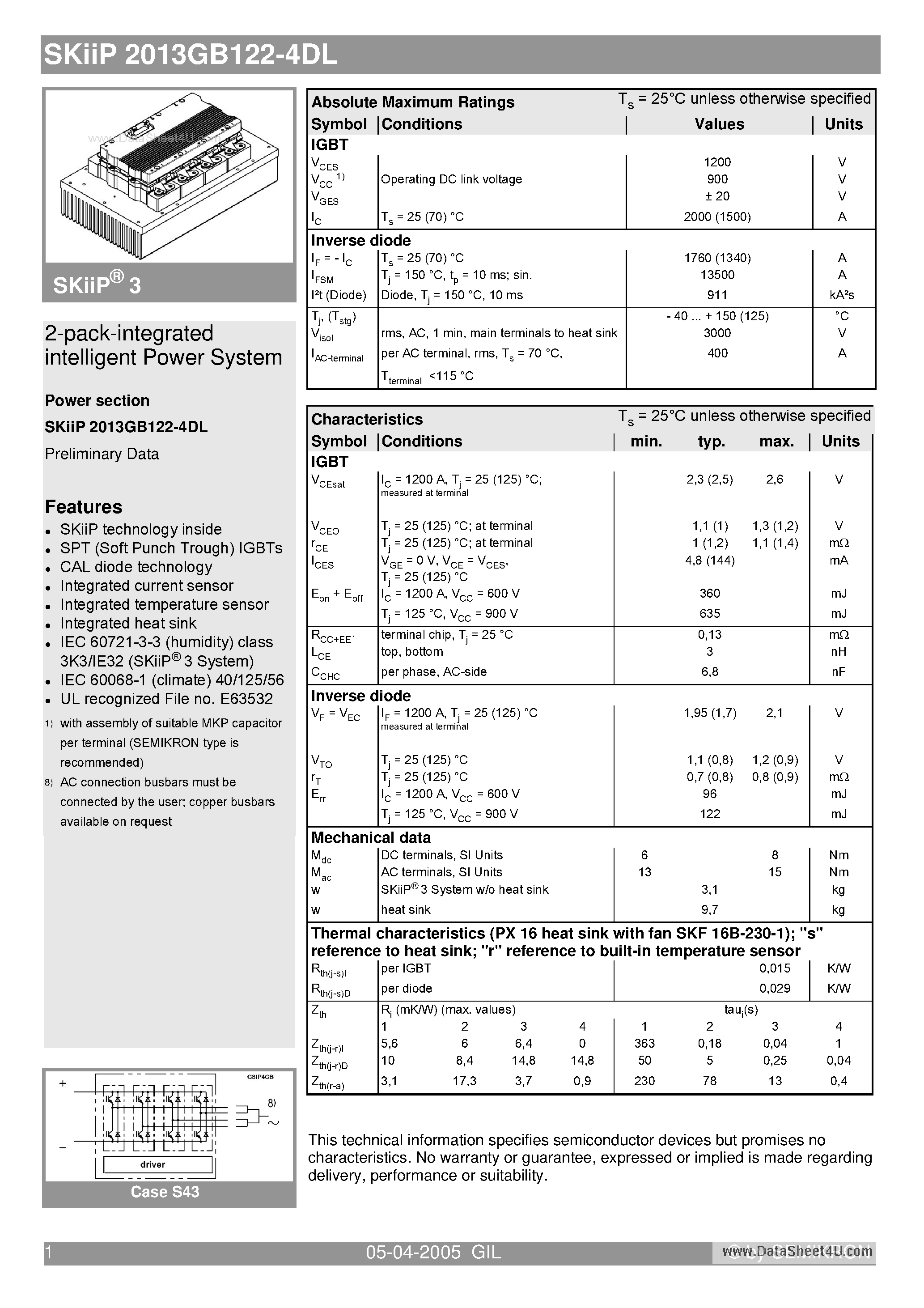 Даташит SKIIP2013GB122-4DL - 2-pack-integrated intelligent Power System страница 1