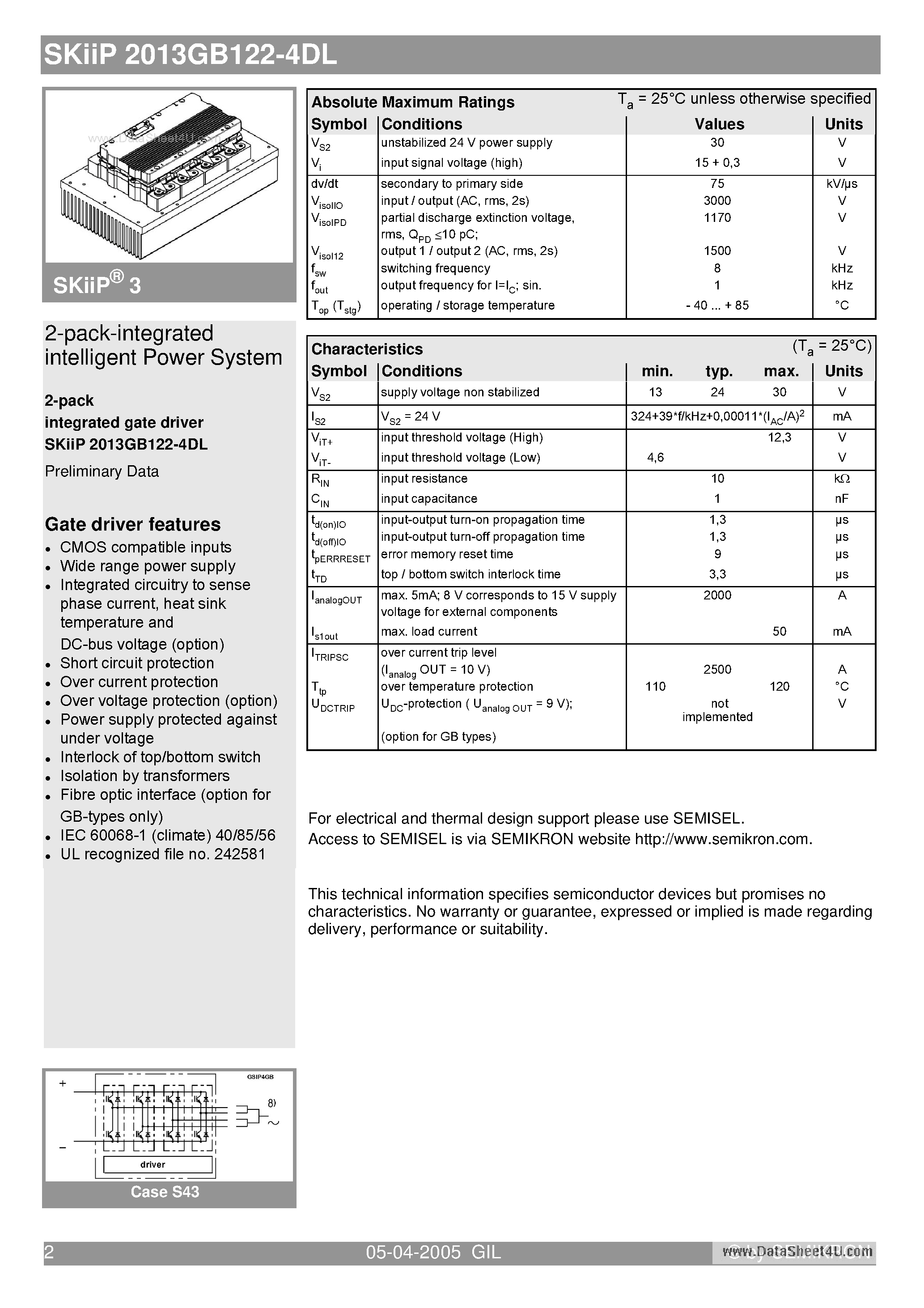 Даташит SKIIP2013GB122-4DL - 2-pack-integrated intelligent Power System страница 2